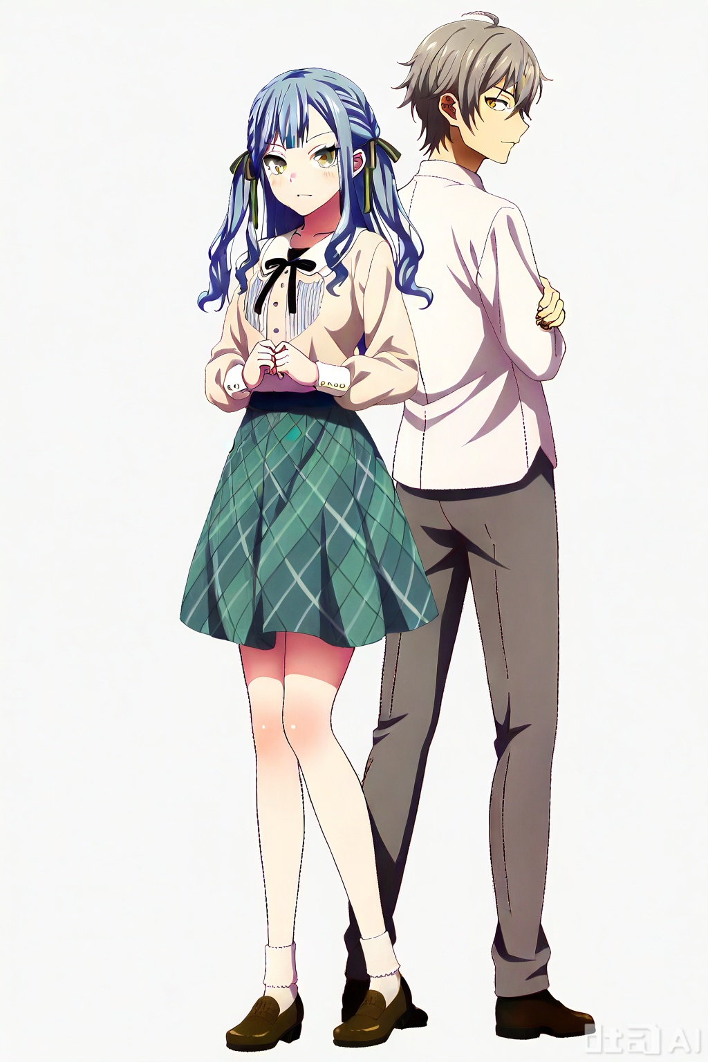 masterpiece, best quality,solo,((white background:1.2)),simple background,full body,2boys,back to back 
looking at viewer,togawa sakiko,bangs,ribbon,hair ribbon,black ribbon,two side up,blue hair,grey hair,sidelocks,blunt bangs,yellow eyes,medium hair,wavy hair
