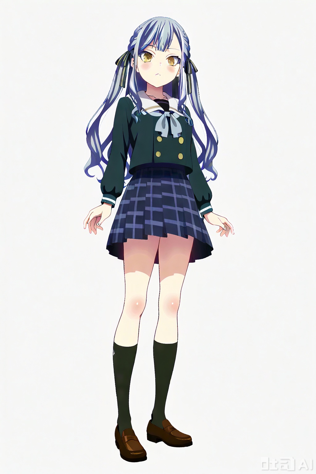 masterpiece, best quality,solo,((white background:1.2)),simple background,full body,2boys,back to back 
looking at viewer,togawa sakiko,bangs,ribbon,hair ribbon,black ribbon,two side up,blue hair,grey hair,sidelocks,blunt bangs,yellow eyes,
Tsukinomori school uniform,serafuku,bowtie,sailor collar,navy blue plaid skirt,double-breasted,dress,navy blue pleated skirt,neckerchief,kneehighs,brown footwear,black socks,loafers,white sailor collar,blue neckerchief, navy blue school uniform with a white collar
