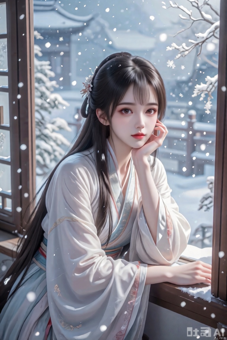 1 个女孩,帮我生成图片：画面中一位长发飘飘的古代女生正面在窗内,身着袖子超长的古装,手托腮趴在窗边。她的形象在光影的映衬下显得朦胧而美丽。窗外飘着洁白的雪花,营造出一种诗意的氛围。镜头以俯视的视角看向她,整个画面的色彩柔和,笔触轻快,将人物与雪景完美融合,给人一种如梦如幻的感觉。图片风格为写真。