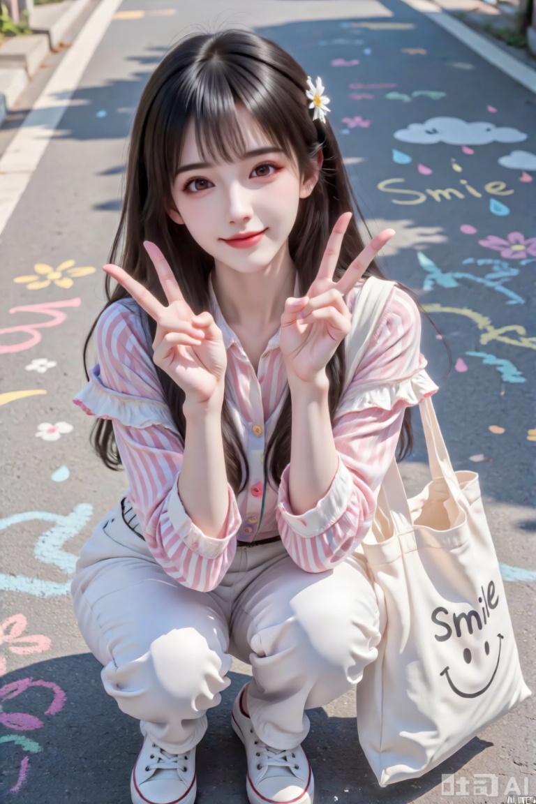 1 个女孩,美女,- 人物形象：甜美少女，乌黑长发自然垂落，侧边别着白色小花发饰；身穿粉白条纹荷叶边袖口上衣，搭配白色宽松休闲裤+ 白色帆布鞋，松弛又清新。
​
- 动作神态：蹲姿，双手比“耶”，嘴角扬起治愈甜笑，眼神明亮灵动。
​
- 场景细节：脚下是灰色柏油路，地面用粉笔画满云朵、雨滴、花朵、“Smile”字样（粉蓝黄配色，童趣感拉满）；身旁放着白色帆布包，包面印黑色“smile”文字+ 笑脸图案，呼应主题。
​
- 构图氛围：以前景模糊的手指框景拍摄，营造“透过指尖捕捉美好”的互动感；整体色调偏柔和马卡龙色系（粉、白、浅蓝为主），传递甜系、治愈、元气的夏日氛围。。