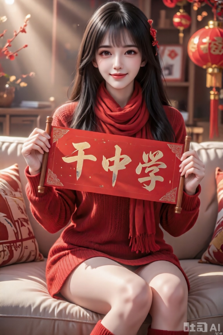 1 个女孩,美女,五官精致秀丽甜美,黑色长发,穿红色毛衣,全身,坐在沙发上,红色围巾,新年喜庆氛围,手拿一个新年快乐的红色横幅上用毛笔写着“干中学”三个金色大字,正面照,微笑,丁达尔光影,细节描写细致,精美,写实摄影,32K,大师级构图,