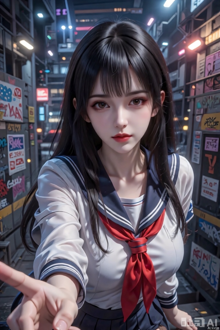 1 个女孩,美女,美女，深色长发，富江发型，穿JK制服，红领巾，cg厚涂，真人，居高临下地看向镜头微勾唇角，背景是满是涂鸦和贴满了小广告的巨型高达在大楼之间穿梭，昏暗，人物身正面趴在高达身上，上身受到挤压，看向镜头，御姐，高达身上的各种灯光落下，发丝细腻富有光泽，手部特寫，人物向镜头伸出右手姿态，动作自然。