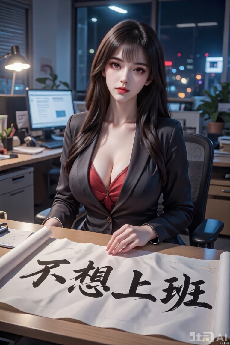 一个女孩,办公室女郎,身材丰满,着装性感,坐在办公桌前,办公桌上平铺了一张宣纸,在宣纸上写着黑色毛笔大字“不想上班”,夜晚,真实照片,冷暖对比,强对比度,电影光效,超高清晰度,丰富细节,