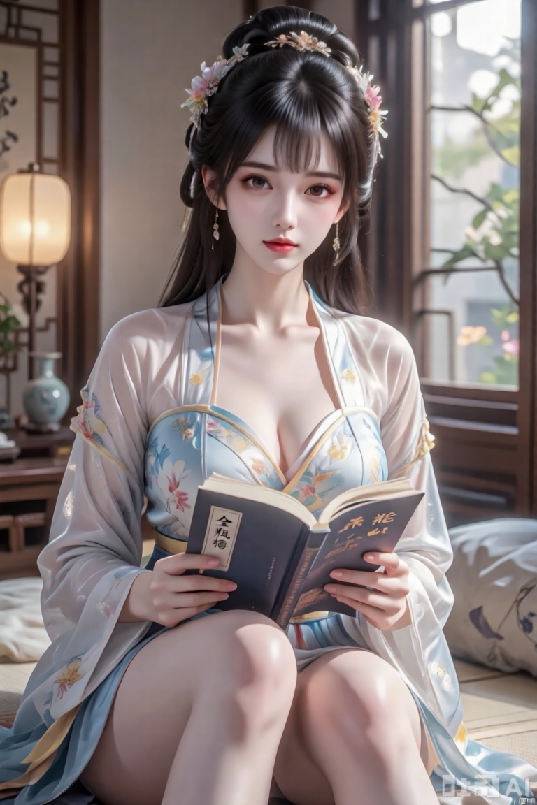 杰作,质量最好,质量上乘,,大胸,（黑发：1.4）,（大长腿：1.3）,（细腿：1.3）,（完美眼睛：1.7）,汉服,她坐在房间里看书,书名写着“***”三个大字,女人把头发梳成复杂的高髻,装饰着花卉配饰,她穿着一件浅蓝色和黄色的白色花卉图案的韩服, 这件衣服有长袖和透视设计,她直视着观众,图像的整体氛围宁静而如诗如画,唤起一种宁静和美丽的感觉,闭着嘴,lens_flare,reality_ray_tracing,质量最好,杰作,写实,质量最好,