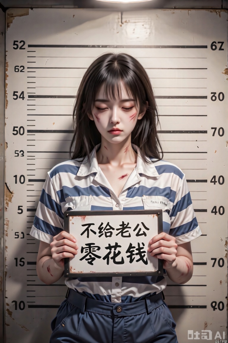 主体特征：图中肥美丽女孩双眼微眯眼神桀骜,嘴巴紧闭表情严肃,全身伤痕累累,捧着一块标牌。

服饰细节：身着蓝白色条纹短袖囚服,翻领设计,衣料质感厚实有褶皱,领口自然垂落,衣长覆盖至躯干中部。

标牌信息：黑色边框矩形白色标牌,中央用黑色毛笔字体书写“不给老公零花钱”汉字,字迹粗犷有力,标牌边缘略微磨损。

背景设定：仿警局身高测量背景板,米白色底纸上印有黑色水平刻度线,从52英寸到70英寸不等,左右两侧标注对应数字,刻度线边缘有轻微做旧泛黄效果。

光影氛围：顶光照射形成明显阴影,面部下方及颈部阴影浓重,背景刻度线因光线呈现深浅不一的灰度,整体色调偏暖棕,营造复古纪实感。

构图比例：主体居中占画面70%空间,头顶与刻度线66-70英寸处对齐,标牌位于胸腔正前方。