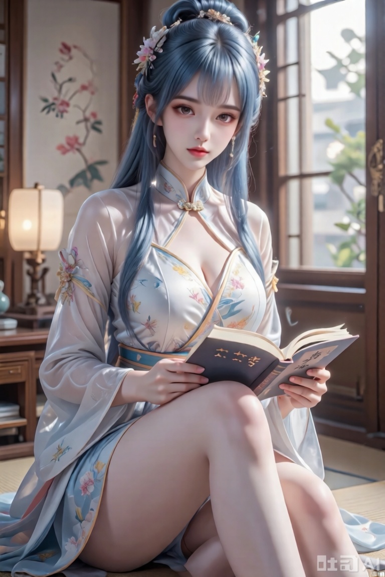 杰作,质量最好,质量上乘,,大胸,（蓝发：1.4）,（大长腿：1.3）,（细腿：1.3）,（完美眼睛：1.7）,汉服,她坐在房间里看书,书名写着“***”三个大字,女人把头发梳成复杂的高髻,装饰着花卉配饰,她穿着一件浅蓝色和黄色的白色花卉图案的韩服, 这件衣服有长袖和透视设计,她直视着观众,图像的整体氛围宁静而如诗如画,唤起一种宁静和美丽的感觉,闭着嘴,lens_flare,reality_ray_tracing,质量最好,杰作,写实,质量最好,