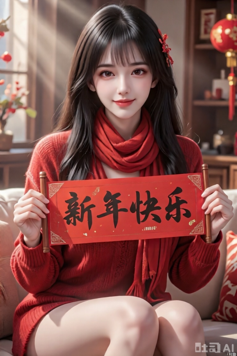 1 个女孩,美女,五官精致秀丽甜美,黑色长发,穿红色毛衣,全身,坐在沙发上,红色围巾,新年喜庆氛围,手拿一个新年快乐的红色横幅上用书法写着“新年快乐”四个大字,正面照,微笑,丁达尔光影,细节描写细致,精美,写实摄影,32K,大师级构图,