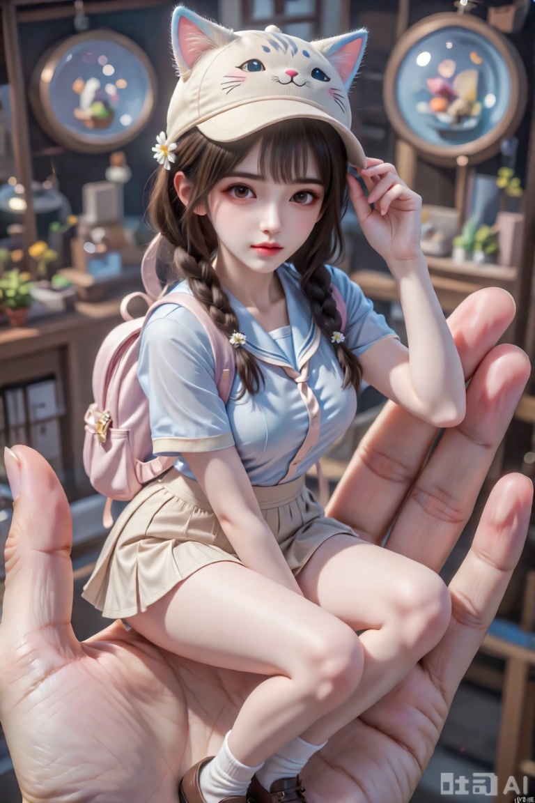 1 个女孩,美女,超写实风格,8K 高清画质,一只手掌托举着精致微缩人偶女孩：
 
- 造型细节：扎着麻花辫,发间别着白色小花发饰；头戴米色猫咪造型帽子（耳朵粉蓝渐变,带卡通猫脸纹路）。
​
- 穿搭搭配：身穿浅蓝色短袖上衣,搭配米色短裙,背着浅粉色小背包,脚踩棕色小皮鞋+ 白色袜子。
​
- 动态姿态： 左手叉腰,右手轻扶帽檐,眼神明亮柔和,表情自然灵动。
​
- 背景氛围：背景虚化,点缀两个圆盘状装饰（内置微型物件） ,营造微缩场景的朦胧美感。
​
- 质感强化：皮肤、衣物褶皱、发丝纹理超细腻,光影柔和通透,整体洋溢萌系精致氛围。