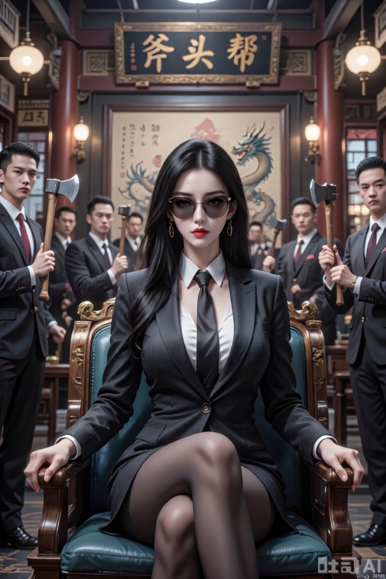 一个女孩,女老大,御姐,年轻,非常美,,霸气,中国女性,容颜俊美,冷白皮,嚣张时尚黑色长发,五官精致立体,高鼻梁,,戴墨镜,西装,全身照,坐于青龙堂上首座位,周围是一众西装小弟每个人手执一把斧头,在大堂内,旧上海风格。背景是一幅字画,高处的横幅牌匾写着“斧头帮”三个大字