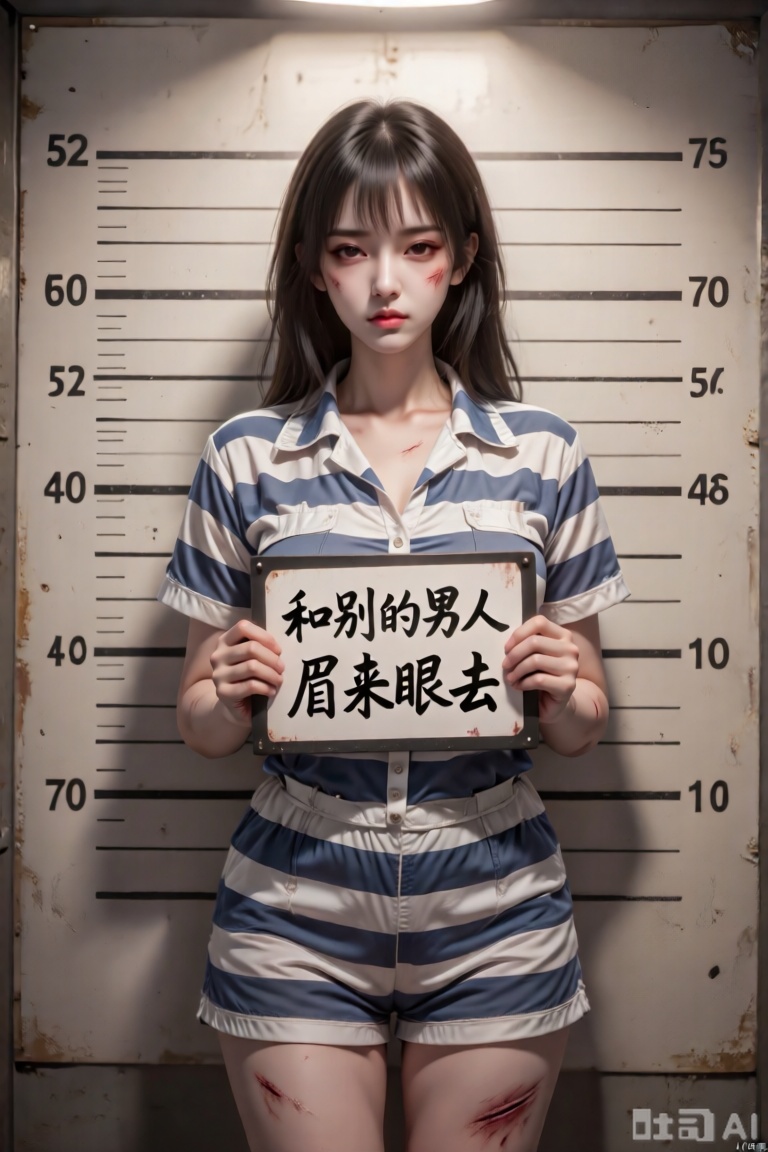 主体特征：图中肥美丽女孩双眼微眯眼神桀骜,嘴巴紧闭表情严肃,全身伤痕累累,捧着一块标牌。

服饰细节：身着蓝白色条纹短袖囚服,翻领设计,衣料质感厚实有褶皱,领口自然垂落,衣长覆盖至躯干中部。

标牌信息：黑色边框矩形白色标牌,中央用黑色毛笔字体书写“和别的男人眉来眼去”汉字,字迹粗犷有力,标牌边缘略微磨损。

背景设定：仿警局身高测量背景板,米白色底纸上印有黑色水平刻度线,从52英寸到70英寸不等,左右两侧标注对应数字,刻度线边缘有轻微做旧泛黄效果。

光影氛围：顶光照射形成明显阴影,面部下方及颈部阴影浓重,背景刻度线因光线呈现深浅不一的灰度,整体色调偏暖棕,营造复古纪实感。

构图比例：主体居中占画面70%空间,头顶与刻度线66-70英寸处对齐,标牌位于胸腔正前方。