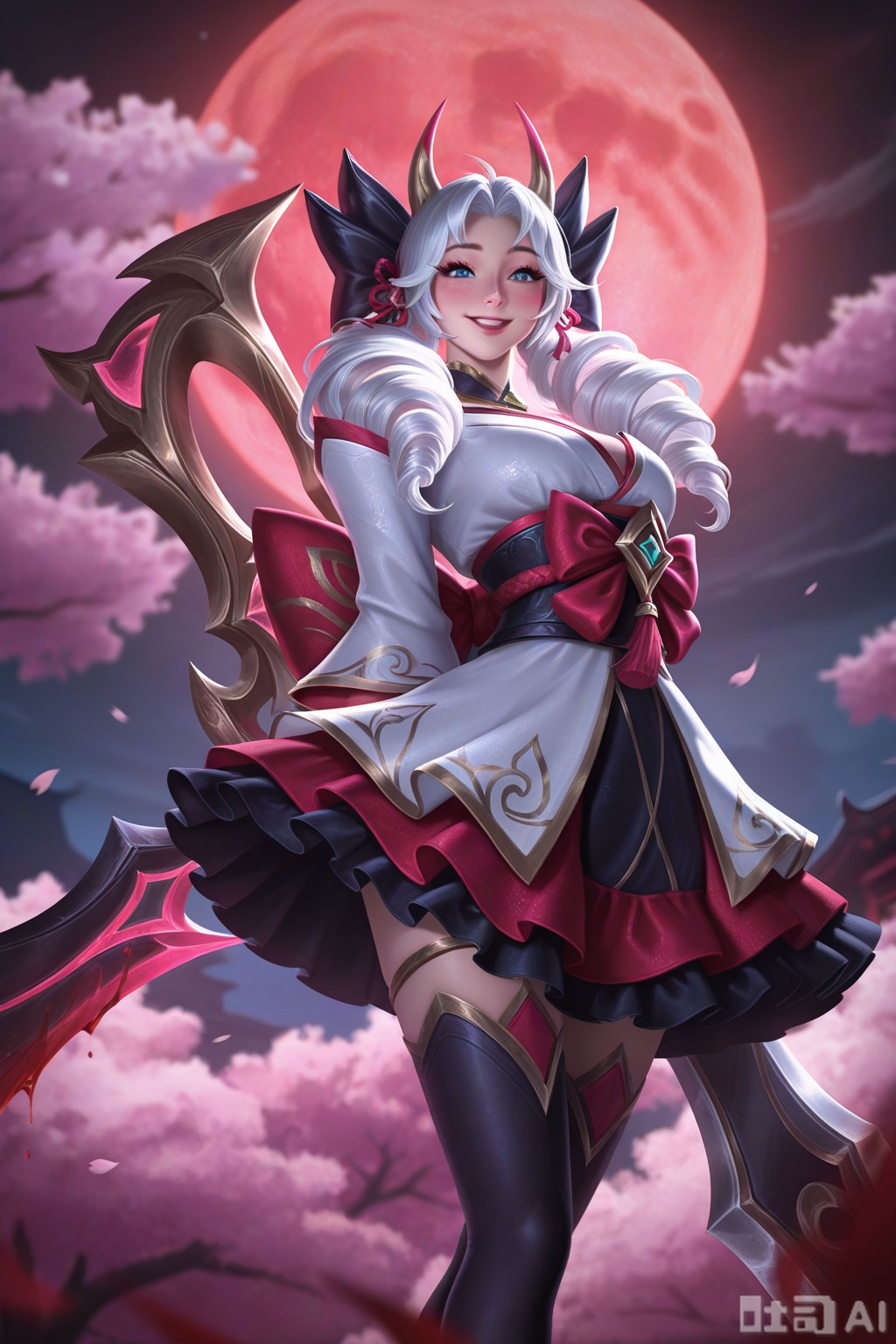 masterpiece,best quality,amazing quality,very aesthetic,high resolution,ultra-detailed,absurdres,newest,scenery,3D,rendered,{Prompt} BREAK depth of field,volumetric lighting, blood moon, blood moon gwen, West Studio, sixmorevodka, gwen \(league of legends\), official alternate costume, smile, blush, happy, looking at viewer, scissors, huge weapon, twin drills, hair bow, kimono, japanese clothes, blurry foreground, blurry background, red clothing, white clothing, black clothing, arms behind back, cherry blossoms, night, white hair, oni horns, huge bow, thighhighs, thighlet, frilled skirt, 
