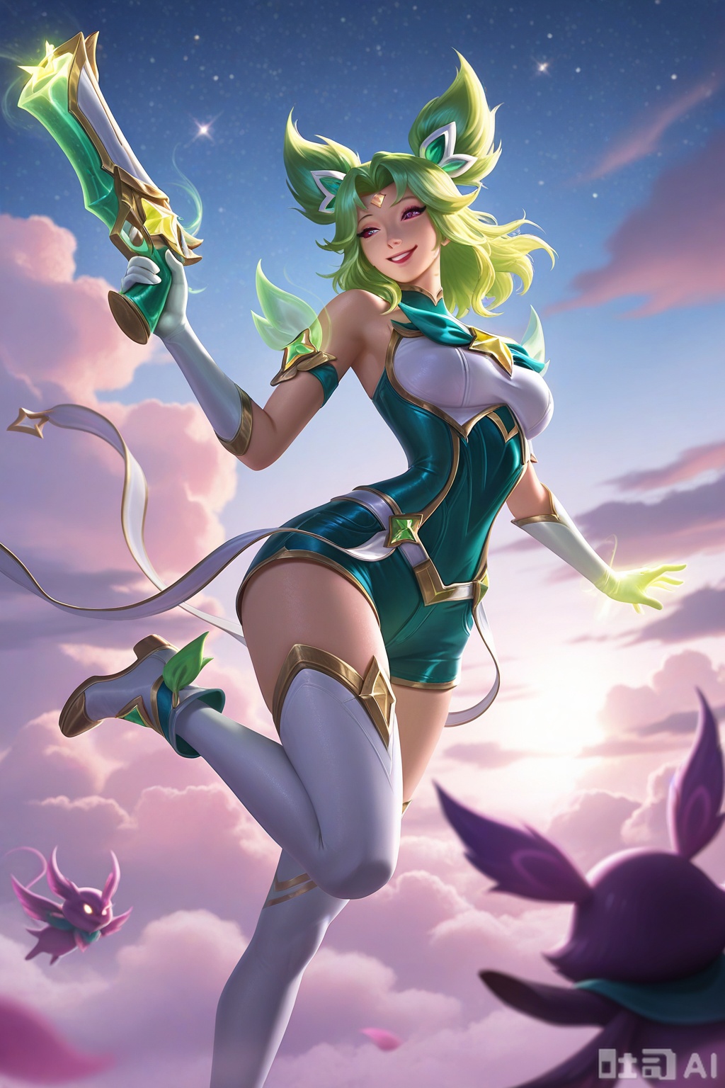 masterpiece,best quality,amazing quality,very aesthetic,high resolution,ultra-detailed,absurdres,newest,scenery,3D,rendered,{Prompt} BREAK depth of field,volumetric lighting,sixmorevodka, 1girl, star guardian, star guardian zeri, zeri \(league of legends\), solo, glowing hand, smile, happy, sky, cloud, foot up, blurry foreground, narrow waist, thighhighs, short shorts, suspenders hanging, suspenders, gun, holding gun, familiar, 