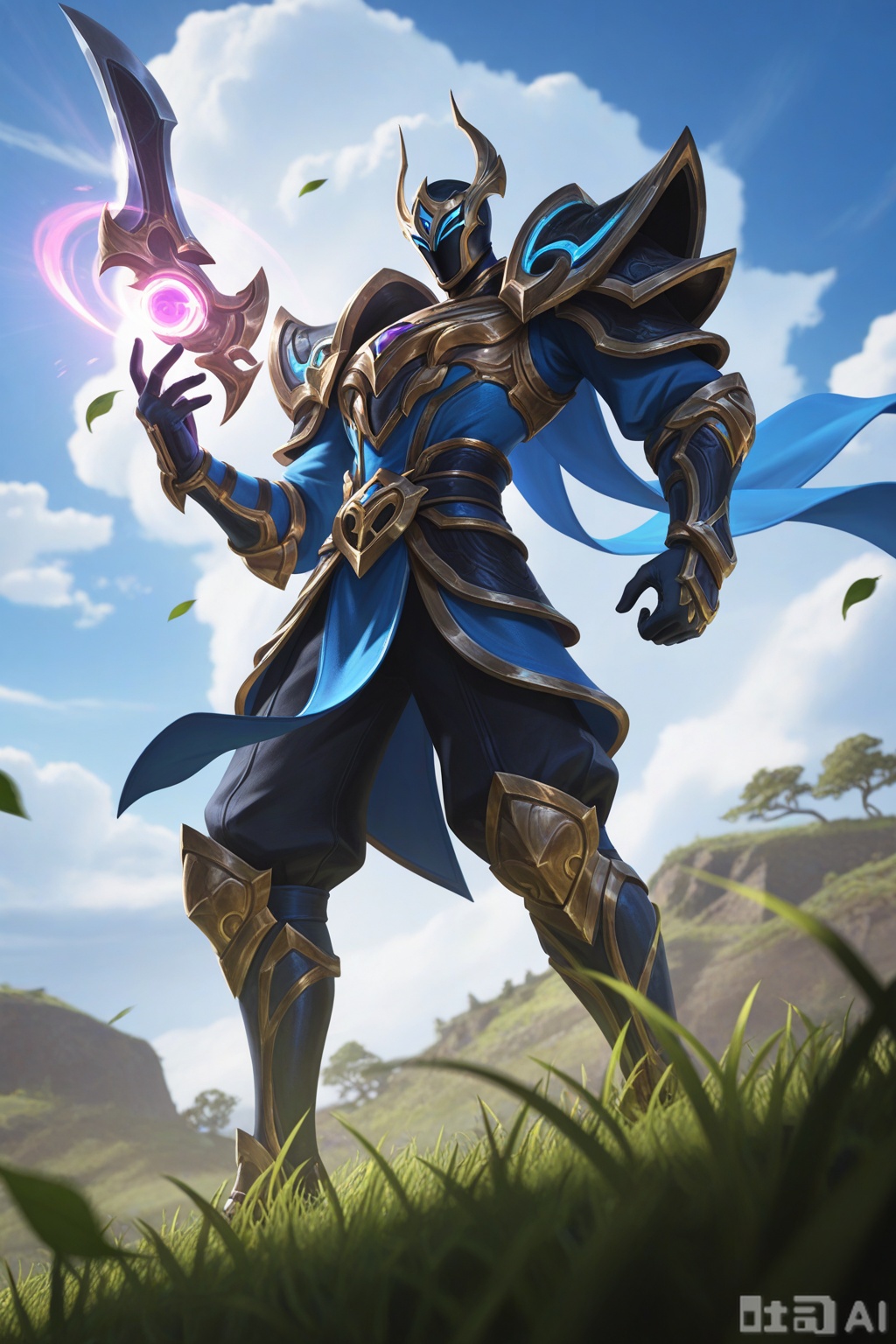 masterpiece,best quality,amazing quality,very aesthetic,high resolution,ultra-detailed,absurdres,newest,scenery,3D,rendered,{Prompt} BREAK depth of field,volumetric lighting,soul fighter jhin skin, best aesthetic, lolsplashart, solo, 1boy, weapon, male focus, outdoors, sky, day, cloud, armor, glowing, leaf, grass, shoulder armor
