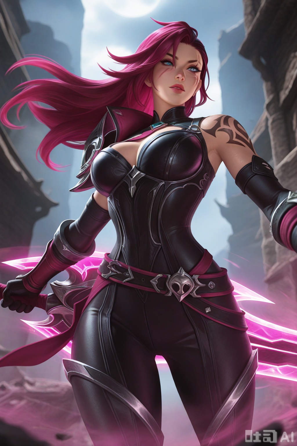 masterpiece,best quality,amazing quality,very aesthetic,high resolution,ultra-detailed,absurdres,newest,scenery,3D,rendered,{Prompt} BREAK depth of field,volumetric lighting,best aesthetic, lolsplashart, soul fighter katarina, 1girl, solo, scar on left eye, tattoo on abdomen
