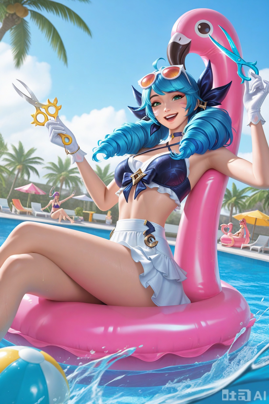 masterpiece,best quality,amazing quality,very aesthetic,high resolution,ultra-detailed,absurdres,newest,scenery,3D,rendered,{Prompt} BREAK depth of field,volumetric lighting,best aesthetic, league of legends, pool party gwen, gwen \(league of legends\), 1girl, solo, long hair, looking at viewer, smile, bangs, gloves, bow, holding, drill hair, twin drills, green eyes, blue hair, weapon, smile, bikini, floaties, beach ball, inner tube, oversized object, doll, needle, holding needle, holding scissors, sunglasses, friends, pool floats, summer fun, a joyful pool party scene of a young woman laughing with friends. She sports a frilly pink bikini and floaties as she balances on a giant inflatable flamingo pool float. One hand holds her colorful sunglasses while the other reaches for a beach ball. More friends surround her in inner tubes, splashing and playing in the cool blue water. The bright, fun atmosphere is accentuated by the clear sunny sky, palm trees, and her playful, cheerful energy. The summer setting and carefree spirit capture a day of fun and friendship. Overall, the splash art radiates vibrant energy and good times, depicting the bliss of pool parties with loved ones.
