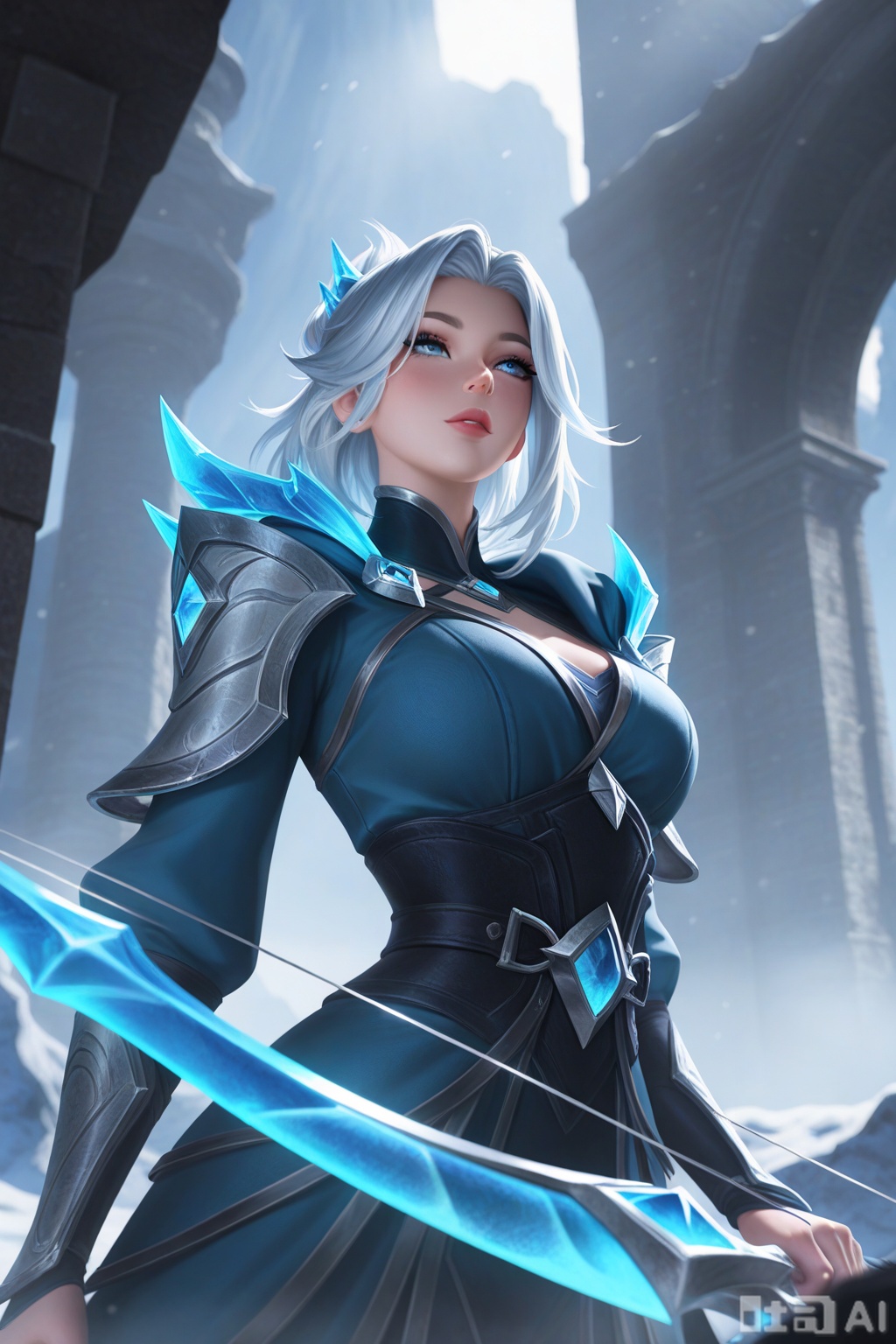 masterpiece,best quality,amazing quality,very aesthetic,high resolution,ultra-detailed,absurdres,newest,scenery,3D,rendered,{Prompt} BREAK depth of field,volumetric lighting,best aesthetic, lolsplashart, Ashe, the Frost Archer,1girl,bow and arrow,upper body,
