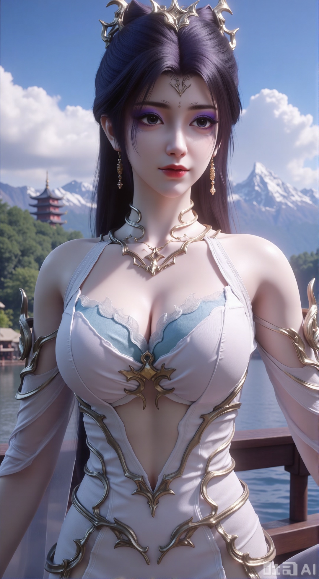 (masterpiece, best quality:1.2),1 girl, solo, long hair, black hair, hair accessories, clothing, cleavage cuts, long dress, jewelry, upper body, earrings. Background is outdoor, sky, clouds, water, trees, architecture, landscape, lantern, mountain, dragon, architecture, bridge, east Asian architecture, fog, pagoda,,(huge breasts:2.99),(full breasts:2.99),XXbaifengsongyuYH,Xbigbreasts,Xmengkeerheihua,XwensiyueYH,XwensiyueXYH,XmengkeerHH