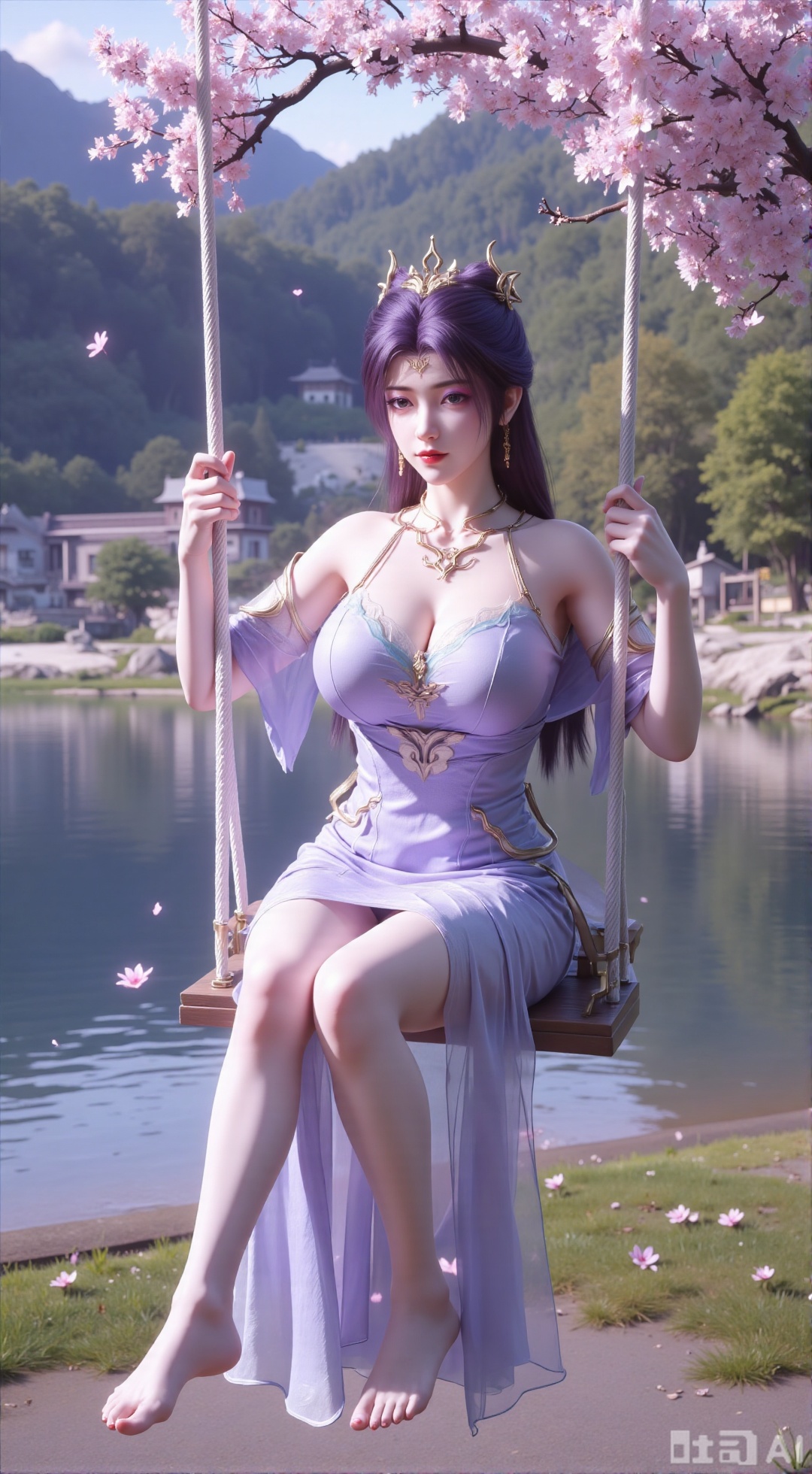 (masterpiece, top quality, best quality, official art, beautiful and aesthetic:1.2),Dynamic posture,(Sitting on the swing:1.39),natural skin texture,(Milky skin:1.2),1gir,solo,long Dress, (Long legs, perfect proportions:1.2),(Sakura, butterfly:1.29),(huge breasts:2.99),(full breasts:2.99),Wisteria, wisteria flowers, castle, waterfall, mountains in the distance,XXbaifengsongyuYH,Xbigbreasts,Xmengkeerheihua,XwensiyueYH,XwensiyueXYH,XmengkeerHH