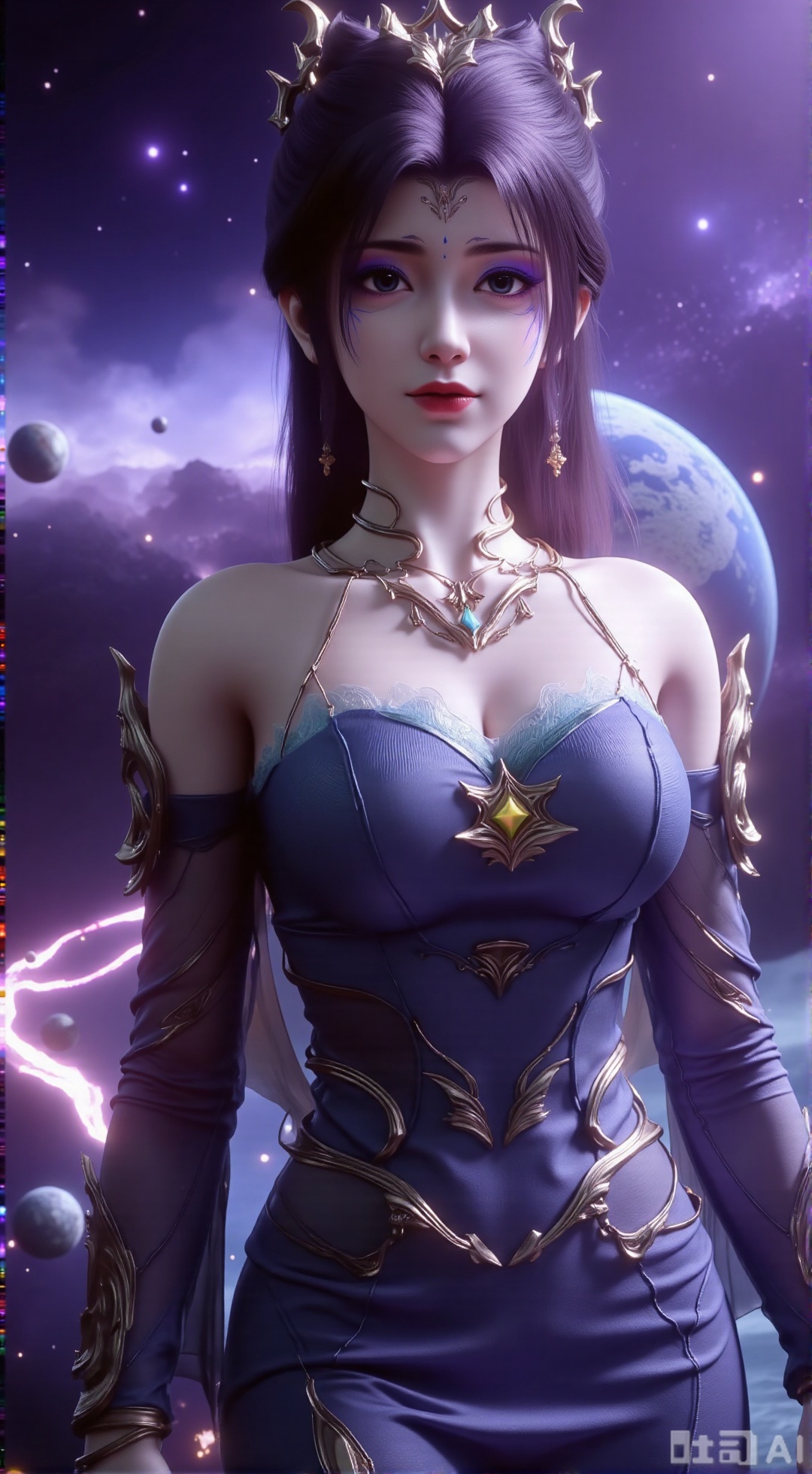 (masterpiece, best quality:1.2),Realistic details, ultra-clear, wallpaper, 8k, masterpiece, masterpiece, best quality, high quality, flowing long hair, exquisite hair accessories, headdresses, cyberpunk electronic luminous clothing, full body multi-luminous line light strips, cyberpunk luminous lines colorful. The sacred light, the cosmic space background, the planets of different colors around, the nebula flows, the stars twinkle, the golden willow branches stretch, holding an earth with both hands, the details of the earth's surface, the texture of mountains, rivers and oceans, the surrounding planets, planets of all sizes, traces of planets orbits, dreamy light and shadow effects.,(huge breasts:2.99),(full breasts:2.99),XXbaifengsongyuYH,Xbigbreasts,Xmengkeerheihua,XwensiyueYH,XwensiyueXYH,XmengkeerHH