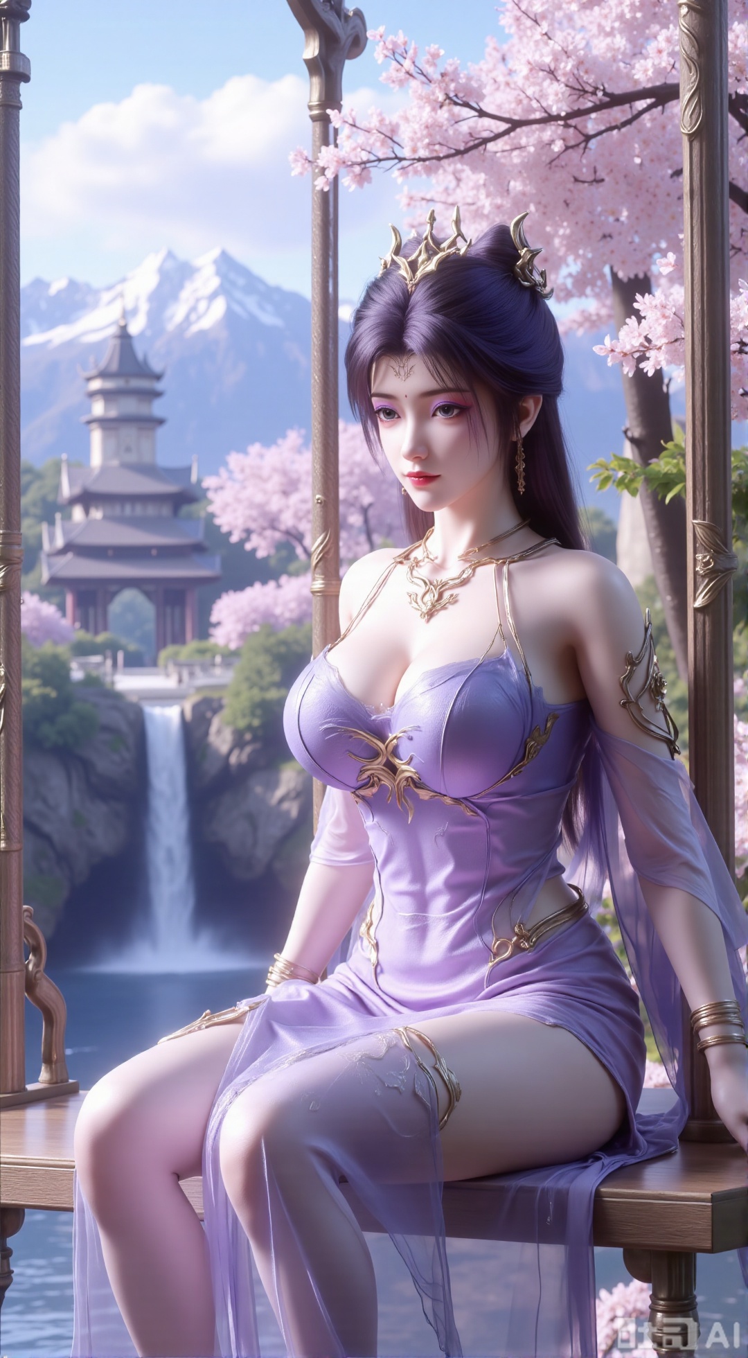 (masterpiece, top quality, best quality, official art, beautiful and aesthetic:1.2),Dynamic posture,(Sitting on the swing:1.39),natural skin texture,(Milky skin:1.2),1gir,solo,long Dress, (Long legs, perfect proportions:1.2),(Sakura, butterfly:1.29),(huge breasts:2.99),(full breasts:2.99),Wisteria, wisteria flowers, castle, waterfall, mountains in the distance,XXbaifengsongyuYH,Xbigbreasts,Xmengkeerheihua,XwensiyueYH,XwensiyueXYH,XmengkeerHH