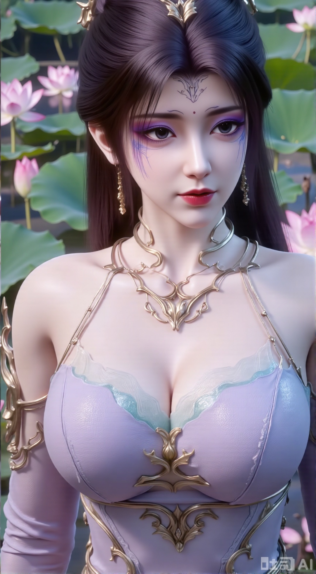 (masterpiece, best quality:1.2),1girl, navel, solo, midriff, bare shoulders, hair ornament,(long hair),(High double ponytail:1.49), red lips, BREAK, (looking at viewer:1.39), chinese clothes,(Holographic long dress:1.36), (lace,Rainbow Gradient Color:1.28), BREAK,blurry, solo focus, long hair, lips, daytime, lipstick, outdoors, standing,upper body,(huge breasts:2.89), background, solo, makeup,(Liquid glass style flowers:1.49),(huge breasts:2.99),(full breasts:2.99),,(Background with lotus pond and pink lotus flowers:1.39),XXbaifengsongyuYH,Xbigbreasts,Xmengkeerheihua,XwensiyueYH,XwensiyueXYH,XmengkeerHH