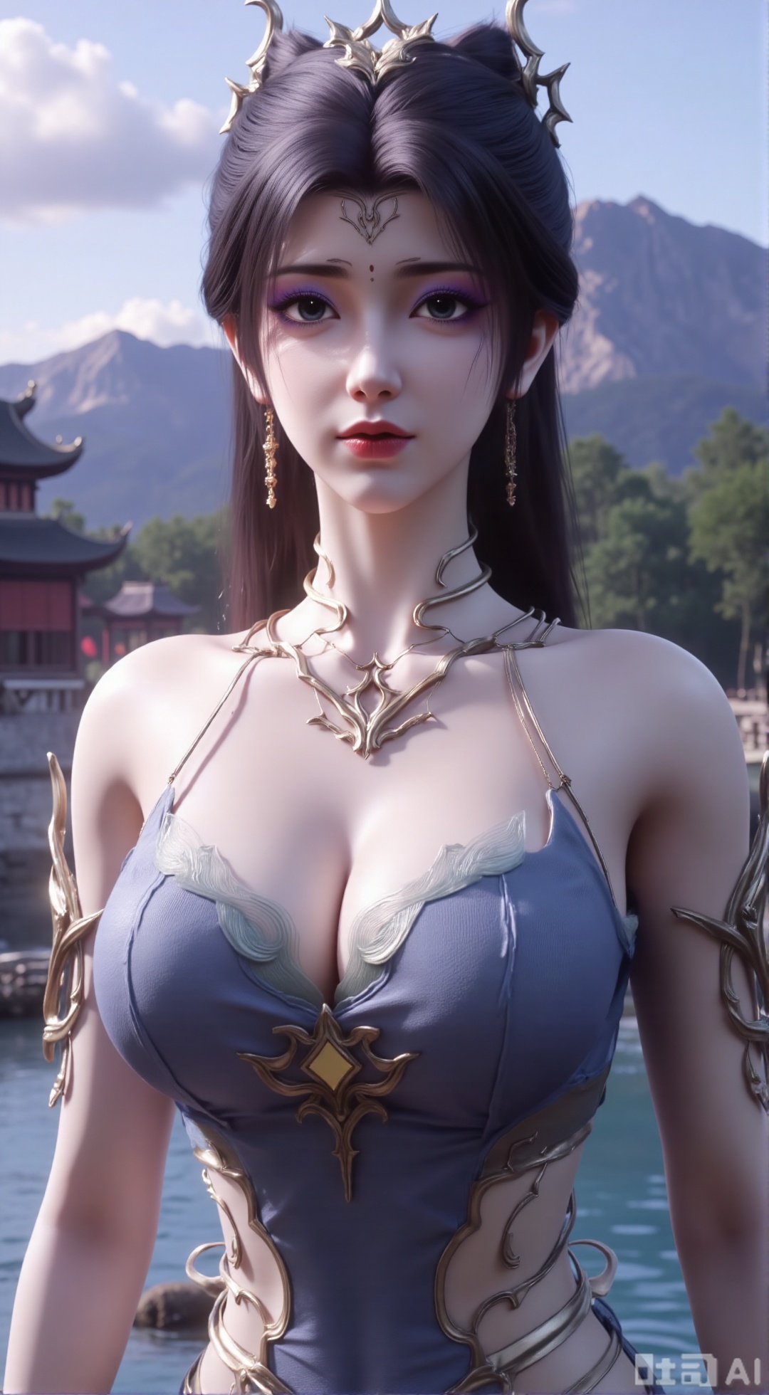  (masterpiece, best quality:1.2),1 girl, solo, long hair, black hair, hair accessories, clothing, cleavage cuts, long dress, jewelry, upper body, earrings. Background is outdoor, sky, clouds, water, trees, architecture, landscape, lantern, mountain, dragon, architecture, bridge, east Asian architecture, fog, pagoda,,(huge breasts:2.99),(full breasts:2.99),XXbaifengsongyuYH,Xbigbreasts,Xmengkeerheihua,XwensiyueYH,XwensiyueXYH,XmengkeerHH