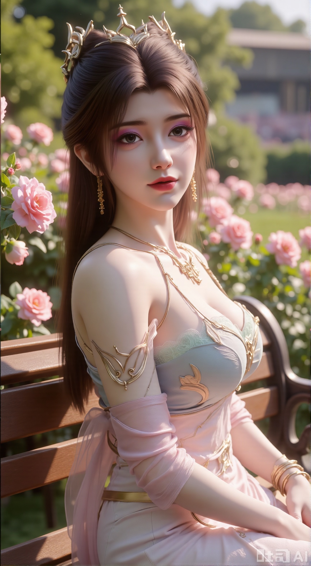 (masterpiece, best quality:1.2),A beauty ,(dress). Leaning on a garden bench filled with macaron - colored flowers,.Sunlight filters through the leaves onto her face, creating a lazy and gentle atmosphere, and her skirt sways softly in the breeze. 8K resolution, detailed texture of knitted fabric, lustrous pearl texture, vivid flower colors, soft natural light, Instagram - style filter texture.,(huge breasts:2.99),(full breasts:2.99),,,XXbaifengsongyuYH,Xbigbreasts,Xmengkeerheihua,XwensiyueYH,XwensiyueXYH,XmengkeerHH