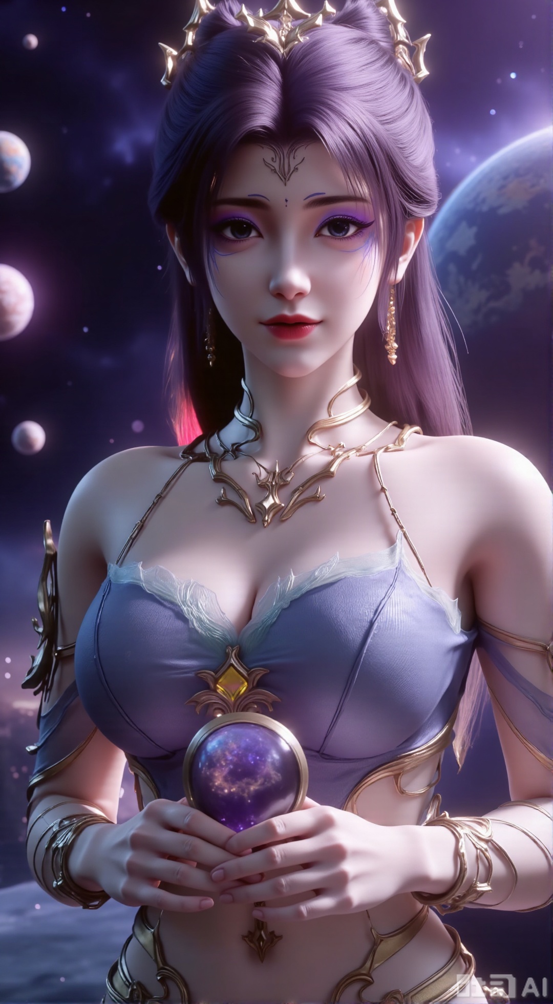 (masterpiece, best quality:1.2),Realistic details, ultra-clear, wallpaper, 8k, masterpiece, masterpiece, best quality, high quality, flowing long hair, exquisite hair accessories, headdresses, cyberpunk electronic luminous clothing, full body multi-luminous line light strips, cyberpunk luminous lines colorful. The sacred light, the cosmic space background, the planets of different colors around, the nebula flows, the stars twinkle, the golden willow branches stretch, holding an earth with both hands, the details of the earth's surface, the texture of mountains, rivers and oceans, the surrounding planets, planets of all sizes, traces of planets orbits, dreamy light and shadow effects.,(huge breasts:2.99),(full breasts:2.99),XXbaifengsongyuYH,Xbigbreasts,Xmengkeerheihua,XwensiyueYH,XwensiyueXYH,XmengkeerHH