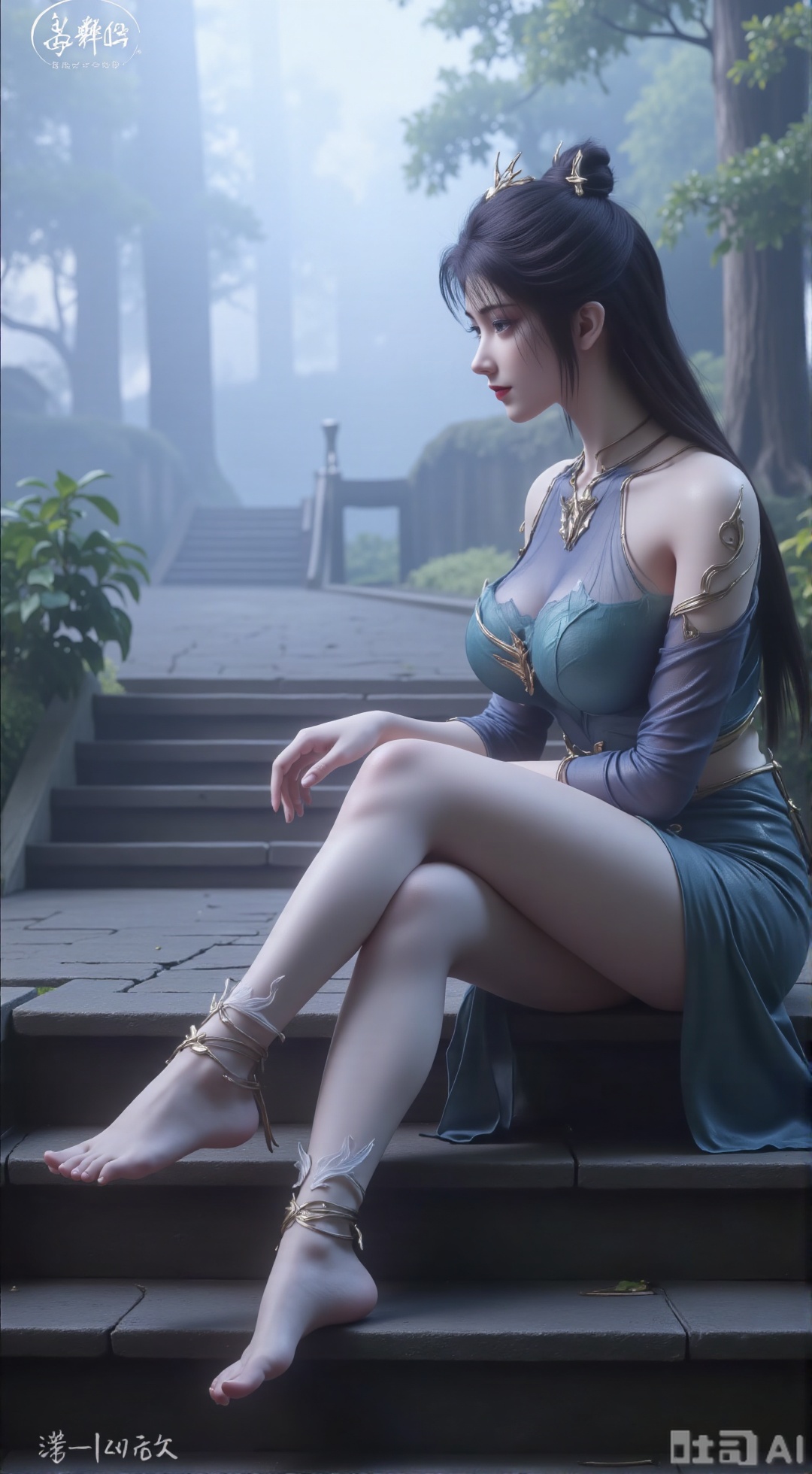  (masterpiece, best quality:1.2),The image shows a young woman sitting on a stone staircase in a foggy forest. She is wearing a long, flowing dress with a high neckline and long sleeves. Her legs are crossed at the ankles and her feet are bare. She has a pair of white feather bracelets tied around her ankles. The woman has long hair styled in a bun and is looking off to the side with a peaceful expression on her face. The background is filled with trees and fog, creating a mysterious and ethereal atmosphere. The overall mood of the image is peaceful and serene.,(huge breasts:2.99),(full breasts:2.99),XXbaifengsongyuYH,Xbigbreasts,Xmengkeerheihua,XwensiyueYH,XwensiyueXYH,XmengkeerHH