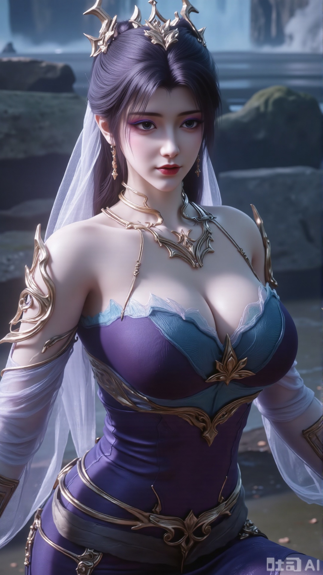 (masterpiece,best quality:1.23),Dominant sister-type girl, velvet ancient style long dress, perfect body, in a valley with a rushing waterfall, holding a long sword, sharp gaze, mist pervading, magnificent aura.(huge breasts, full breasts:2.99),,Xbigbreasts,XmengkeerHH,XwensiyueXYH,Xmengkeerheihua,XwensiyueYH,Xhongfenkulou