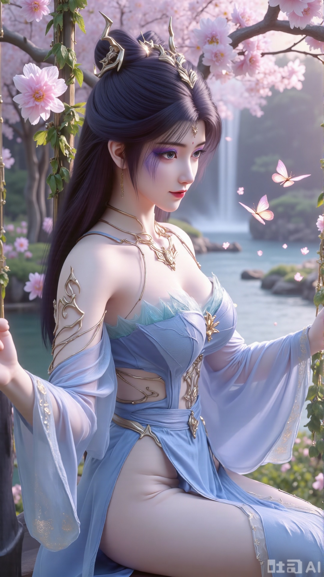  (masterpiece, best quality:1.2),In a cinematic shot with soft sunlight filtering through petals, a delicate fairy-like beauty swings gently on a flower swing amidst a whimsical garden. She wears a pale blue hanfu with flowing wide sleeves and a translucent silk sash tied around her slender figure. Her long black hair with blue highlights cascades down her back, adorned with a pearl hairpin. A gentle smile plays on her innocent eyes as she floats above the flowers, surrounded by fluttering butterflies and golden pollen particles. Magical runes float in the air, casting an ethereal glow. Vines wrap around the ropes of the swing, intertwined with roses and morning glories. The pastel color palette and fantasy atmosphere evoke a sense of wonder and enchantment.,(huge breasts:2.99),(full breasts:2.99),,Xbigbreasts,XmengkeerHH,XwensiyueXYH,Xmengkeerheihua,XwensiyueYH,Xhongfenkulou
