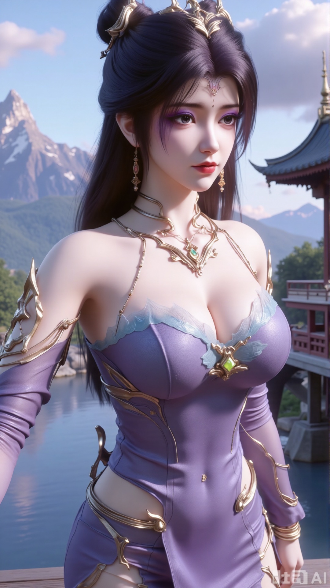 (masterpiece, best quality:1.2),1 girl, solo, long hair, black hair, hair accessories, clothing, cleavage cuts, long dress, jewelry, upper body, earrings. Background is outdoor, sky, clouds, water, trees, architecture, landscape, lantern, mountain, dragon, architecture, bridge, east Asian architecture, fog, pagoda,,(huge breasts:2.99),(full breasts:2.99),,Xbigbreasts,XmengkeerHH,XwensiyueXYH,Xmengkeerheihua,XwensiyueYH,Xhongfenkulou