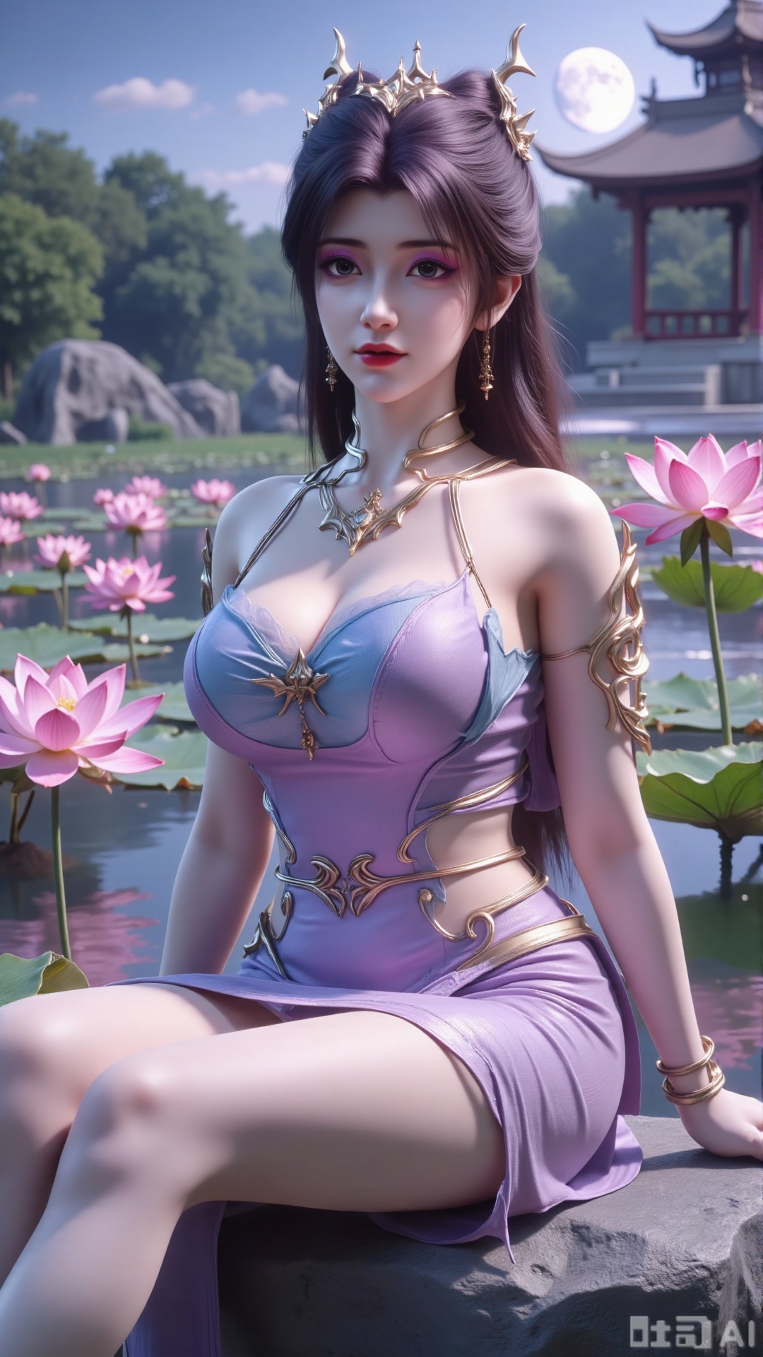  (masterpiece,best quality:1.23),a woman with long, wavy hair is seated on a large gray rock. She is dressed in a  dress with a belt around her waist. Her dress is adorned with a flower in her hair, adding a touch of beauty to the scene. In the background, a pagoda-like structure stands out against a backdrop of trees and a moon.(huge breasts, full breasts:2.99),(Background with lotus pond and pink lotus flowers:1.39),,Xbigbreasts,XmengkeerHH,XwensiyueXYH,Xmengkeerheihua,XwensiyueYH,Xhongfenkulou