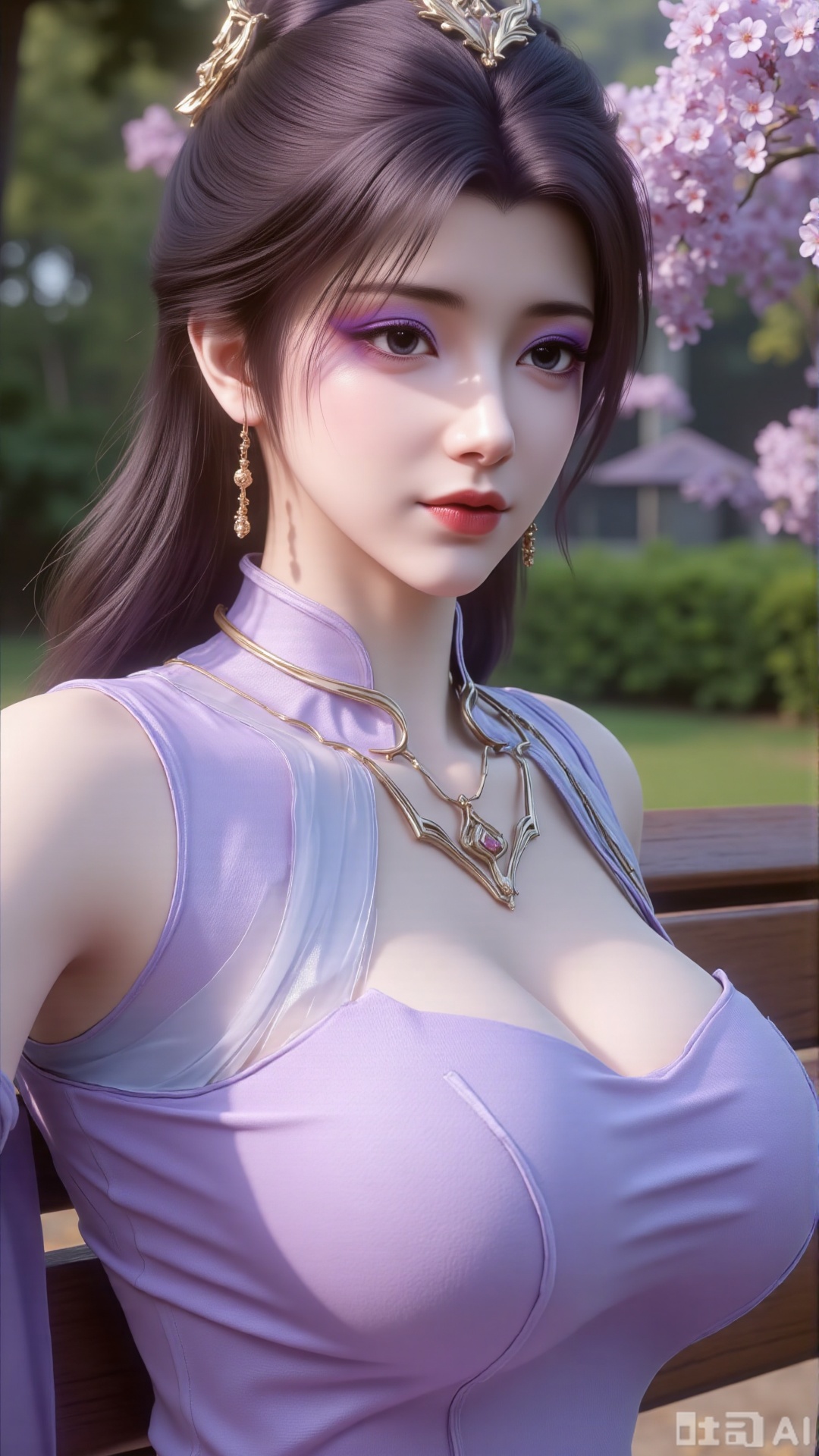 (masterpiece,best quality:1.23),portrait of a stewardess, beautiful face, perfect hourglass figure, China Southern Airlines uniform, sitting on a park bench, wisteria vines, blooming flowers, soft focus, out-of-focus background,(huge breasts, full breasts:2.99),,Xbigbreasts,XmengkeerHH,XwensiyueXYH,Xmengkeerheihua,XwensiyueYH,Xhongfenkulou