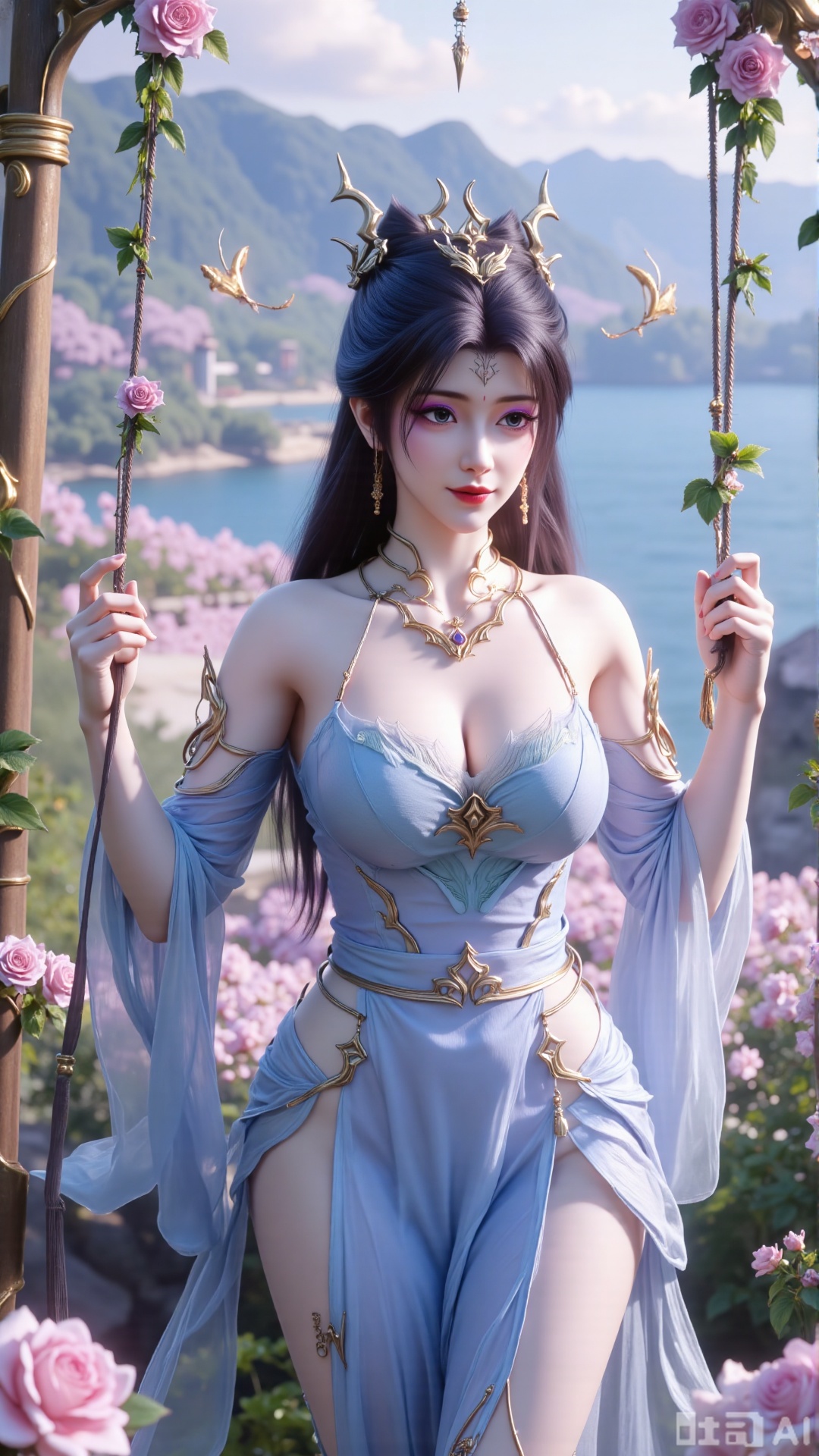  (masterpiece, best quality:1.2),In a cinematic shot with soft sunlight filtering through petals, a delicate fairy-like beauty swings gently on a flower swing amidst a whimsical garden. She wears a pale blue hanfu with flowing wide sleeves and a translucent silk sash tied around her slender figure. Her long black hair with blue highlights cascades down her back, adorned with a pearl hairpin. A gentle smile plays on her innocent eyes as she floats above the flowers, surrounded by fluttering butterflies and golden pollen particles. Magical runes float in the air, casting an ethereal glow. Vines wrap around the ropes of the swing, intertwined with roses and morning glories. The pastel color palette and fantasy atmosphere evoke a sense of wonder and enchantment.,(huge breasts:2.99),(full breasts:2.99),,Xbigbreasts,XmengkeerHH,XwensiyueXYH,Xmengkeerheihua,XwensiyueYH,Xhongfenkulou