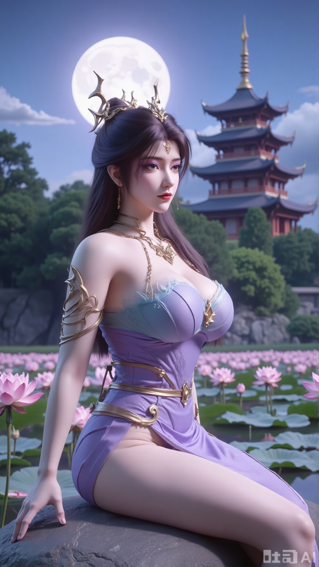  (masterpiece,best quality:1.23),a woman with long, wavy hair is seated on a large gray rock. She is dressed in a  dress with a belt around her waist. Her dress is adorned with a flower in her hair, adding a touch of beauty to the scene. In the background, a pagoda-like structure stands out against a backdrop of trees and a moon.(huge breasts, full breasts:2.99),(Background with lotus pond and pink lotus flowers:1.39),,Xbigbreasts,XmengkeerHH,XwensiyueXYH,Xmengkeerheihua,XwensiyueYH,Xhongfenkulou