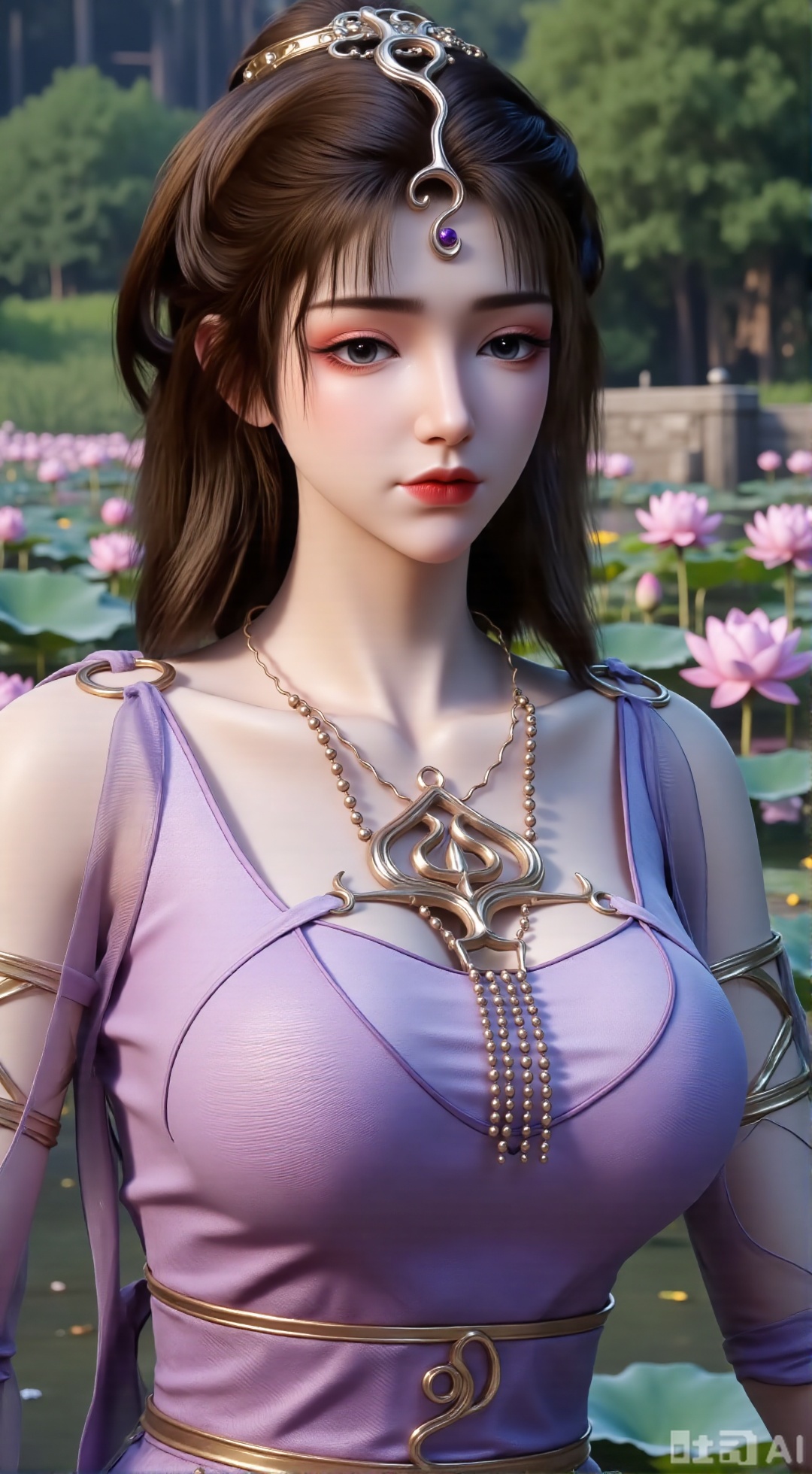 (masterpiece, best quality:1.2),1girl, navel, solo, midriff, bare shoulders, hair ornament,(long hair),(High double ponytail:1.49), red lips, BREAK, (looking at viewer:1.39), chinese clothes,(Holographic long dress:1.36), (lace,Rainbow Gradient Color:1.28), BREAK,blurry, solo focus, long hair, lips, daytime, lipstick, outdoors, standing,upper body,(huge breasts:2.89), background, solo, makeup,(Liquid glass style flowers:1.49),(huge breasts:2.99),(full breasts:2.99),,(Background with lotus pond and pink lotus flowers:1.39),XXbaifengsongyuYH,Xbigbreasts,Xmengkeerheihua,XwensiyueYH,XwensiyueXYH,XmengkeerHH
