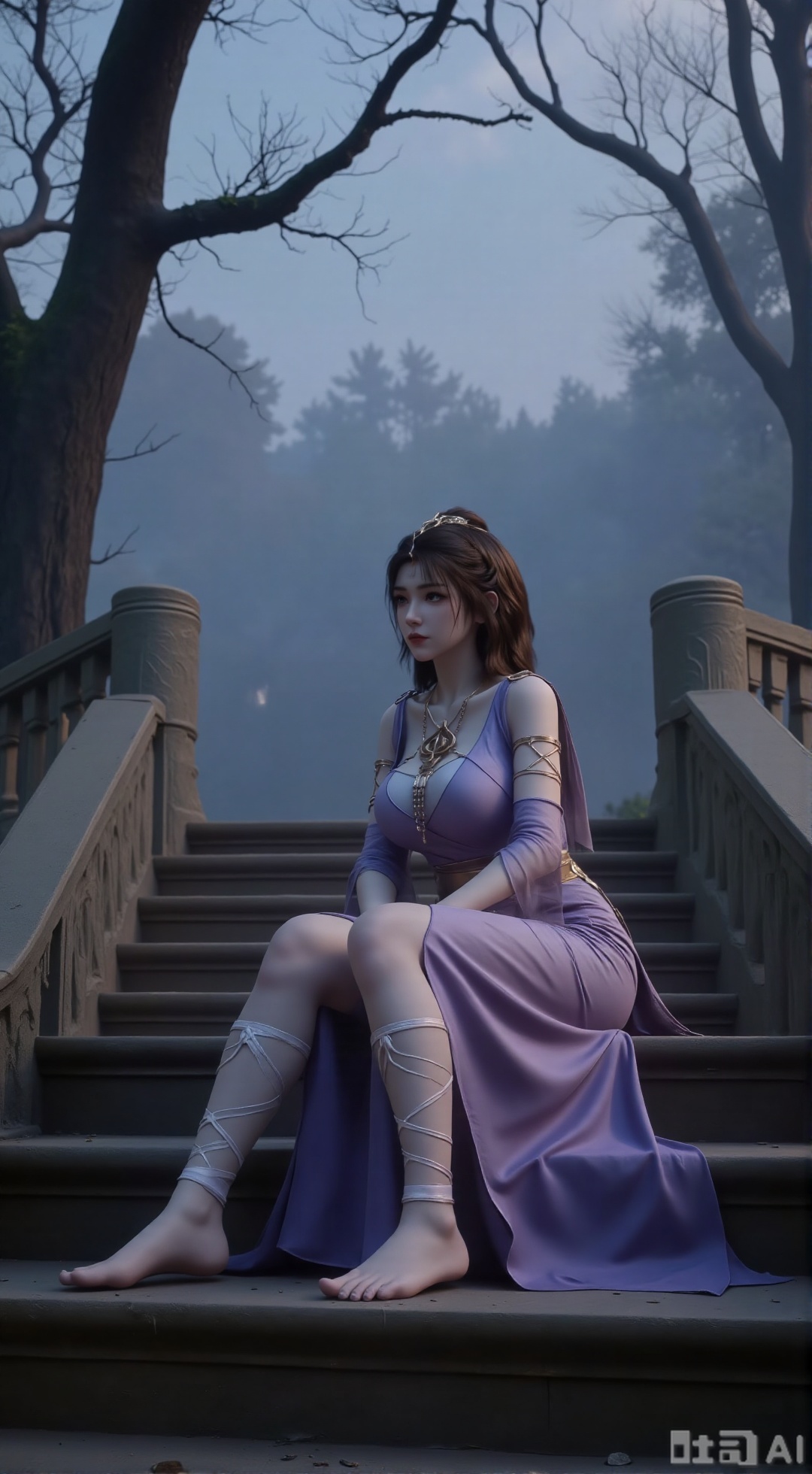  (masterpiece, best quality:1.2),The image shows a young woman sitting on a stone staircase in a foggy forest. She is wearing a long, flowing dress with a high neckline and long sleeves. Her legs are crossed at the ankles and her feet are bare. She has a pair of white feather bracelets tied around her ankles. The woman has long hair styled in a bun and is looking off to the side with a peaceful expression on her face. The background is filled with trees and fog, creating a mysterious and ethereal atmosphere. The overall mood of the image is peaceful and serene.,(huge breasts:2.99),(full breasts:2.99),XXbaifengsongyuYH,Xbigbreasts,Xmengkeerheihua,XwensiyueYH,XwensiyueXYH,XmengkeerHH