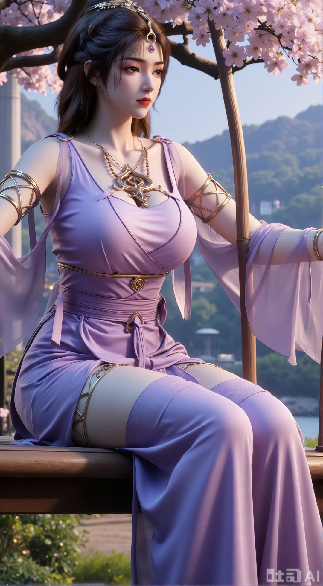 (masterpiece, top quality, best quality, official art, beautiful and aesthetic:1.2),Dynamic posture,(Sitting on the swing:1.39),natural skin texture,(Milky skin:1.2),1gir,solo,long Dress, (Long legs, perfect proportions:1.2),(Sakura, butterfly:1.29),(huge breasts:2.99),(full breasts:2.99),Wisteria, wisteria flowers, castle, waterfall, mountains in the distance,XXbaifengsongyuYH,Xbigbreasts,Xmengkeerheihua,XwensiyueYH,XwensiyueXYH,XmengkeerHH