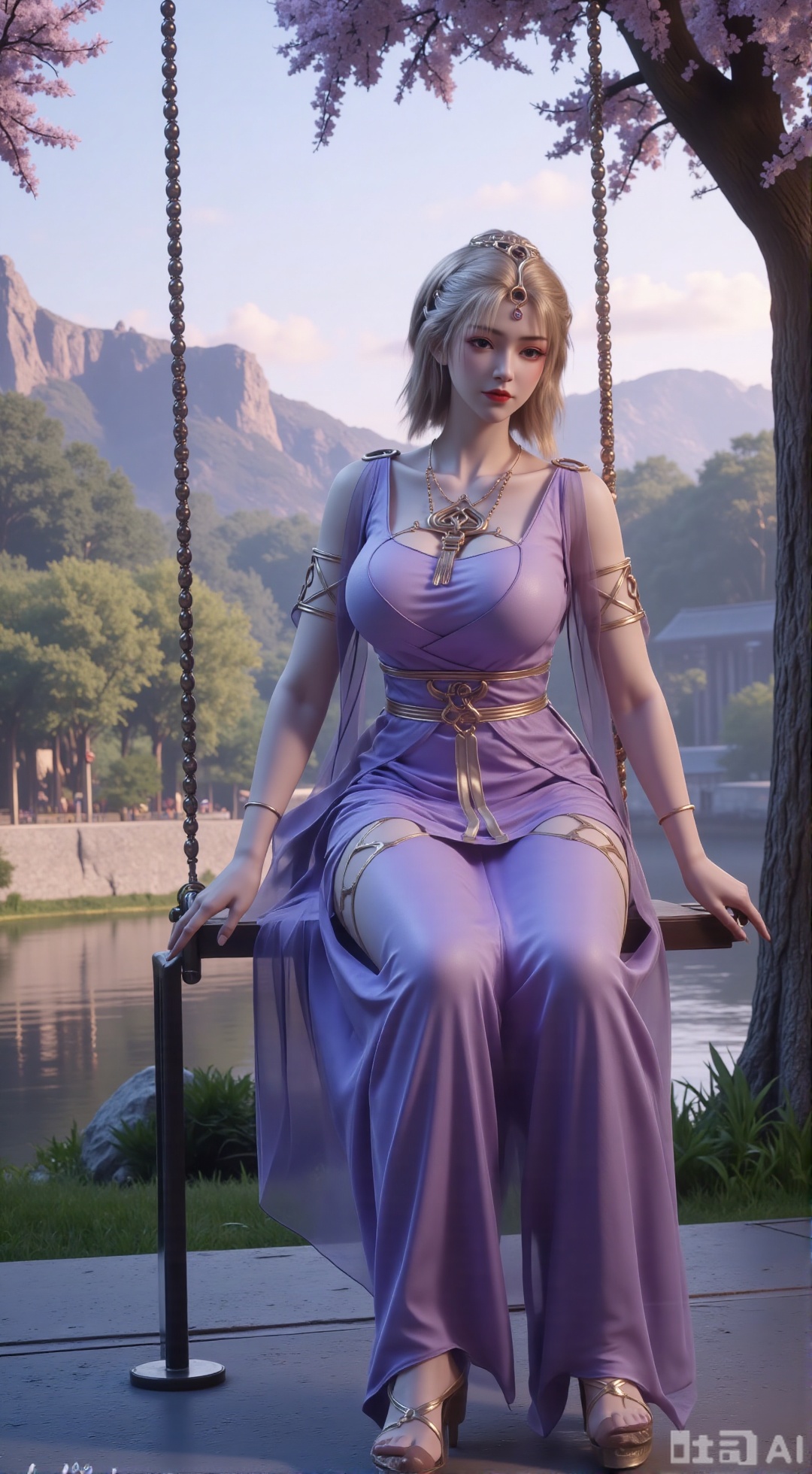 (masterpiece, top quality, best quality, official art, beautiful and aesthetic:1.2),Dynamic posture,(Sitting on the swing:1.39),natural skin texture,(Milky skin:1.2),1gir,solo,long Dress, (Long legs, perfect proportions:1.2),(Sakura, butterfly:1.29),(huge breasts:2.99),(full breasts:2.99),Wisteria, wisteria flowers, castle, waterfall, mountains in the distance,XXbaifengsongyuYH,Xbigbreasts,Xmengkeerheihua,XwensiyueYH,XwensiyueXYH,XmengkeerHH