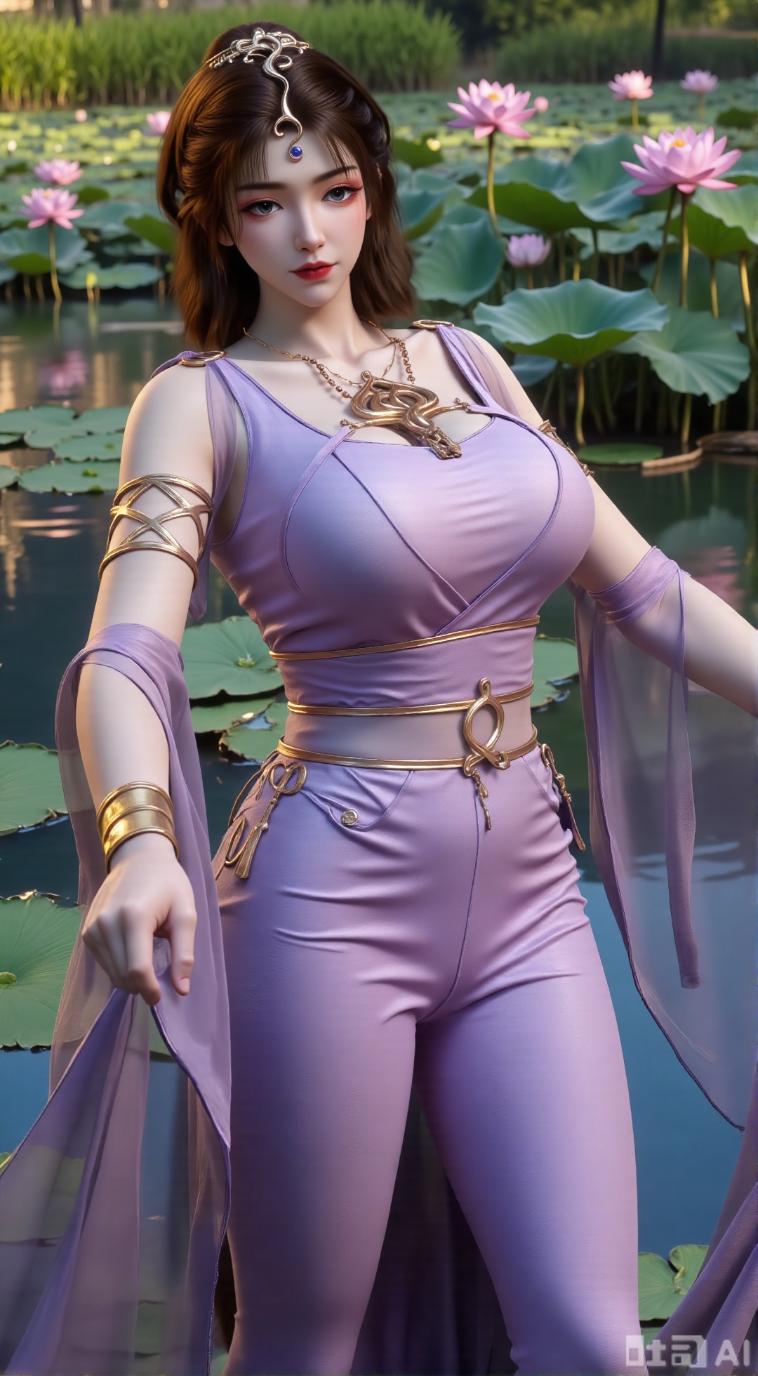(masterpiece, best quality:1.2),1girl, navel, solo, midriff, bare shoulders, hair ornament,(long hair),(High double ponytail:1.49), red lips, BREAK, (looking at viewer:1.39), chinese clothes,(Holographic long dress:1.36), (lace,Rainbow Gradient Color:1.28), BREAK,blurry, solo focus, long hair, lips, daytime, lipstick, outdoors, standing,upper body,(huge breasts:2.89), background, solo, makeup,(Liquid glass style flowers:1.49),(huge breasts:2.99),(full breasts:2.99),,(Background with lotus pond and pink lotus flowers:1.39),XXbaifengsongyuYH,Xbigbreasts,Xmengkeerheihua,XwensiyueYH,XwensiyueXYH,XmengkeerHH