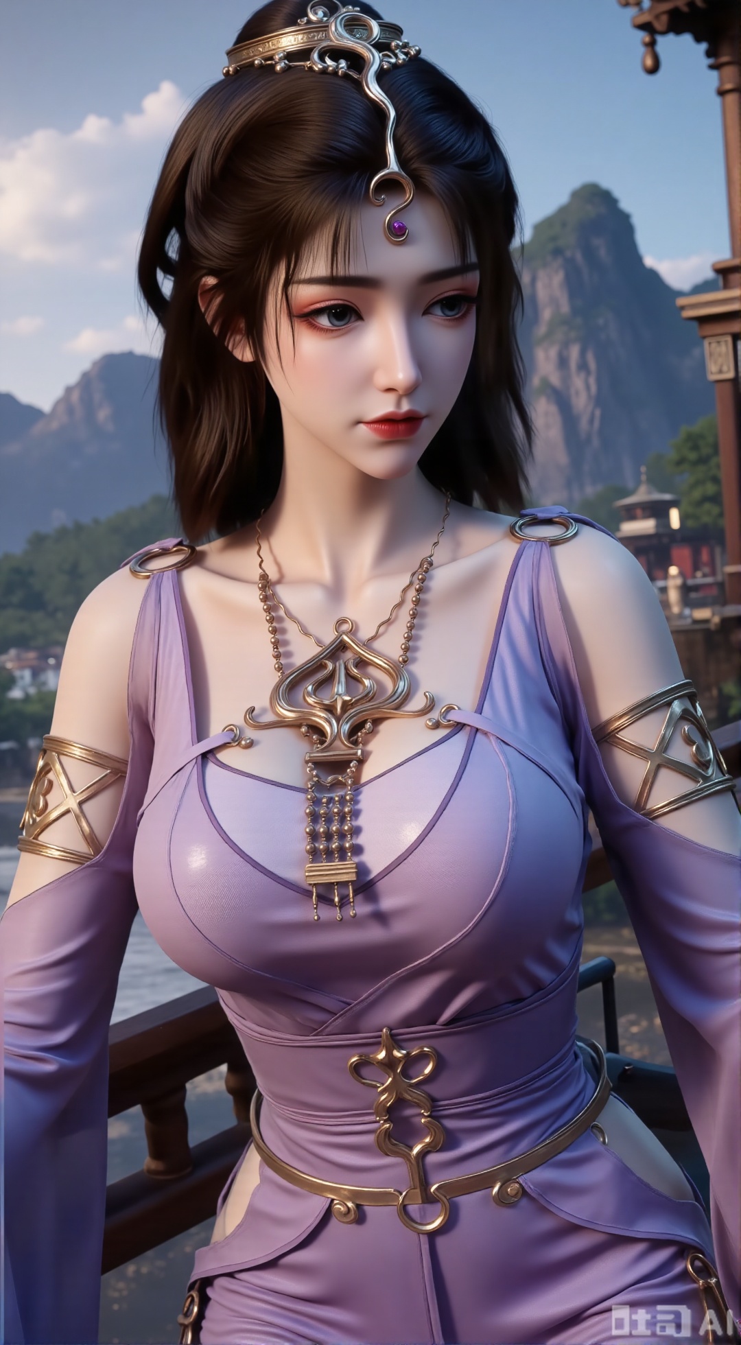  (masterpiece, best quality:1.2),1 girl, solo, long hair, black hair, hair accessories, clothing, cleavage cuts, long dress, jewelry, upper body, earrings. Background is outdoor, sky, clouds, water, trees, architecture, landscape, lantern, mountain, dragon, architecture, bridge, east Asian architecture, fog, pagoda,,(huge breasts:2.99),(full breasts:2.99),XXbaifengsongyuYH,Xbigbreasts,Xmengkeerheihua,XwensiyueYH,XwensiyueXYH,XmengkeerHH