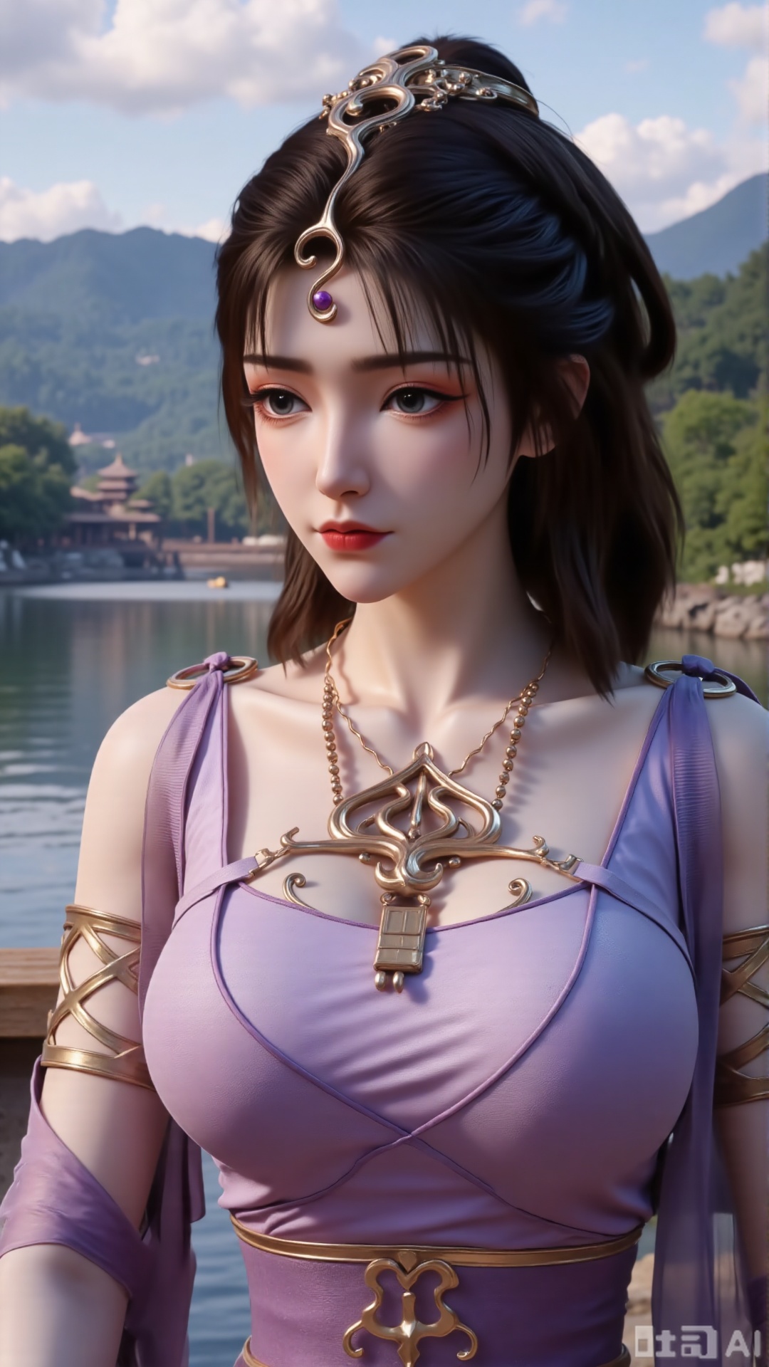 (masterpiece, best quality:1.2),1 girl, solo, long hair, black hair, hair accessories, clothing, cleavage cuts, long dress, jewelry, upper body, earrings. Background is outdoor, sky, clouds, water, trees, architecture, landscape, lantern, mountain, dragon, architecture, bridge, east Asian architecture, fog, pagoda,,(huge breasts:2.99),(full breasts:2.99),,Xbigbreasts,XmengkeerHH,XwensiyueXYH,Xmengkeerheihua,XwensiyueYH,Xhongfenkulou