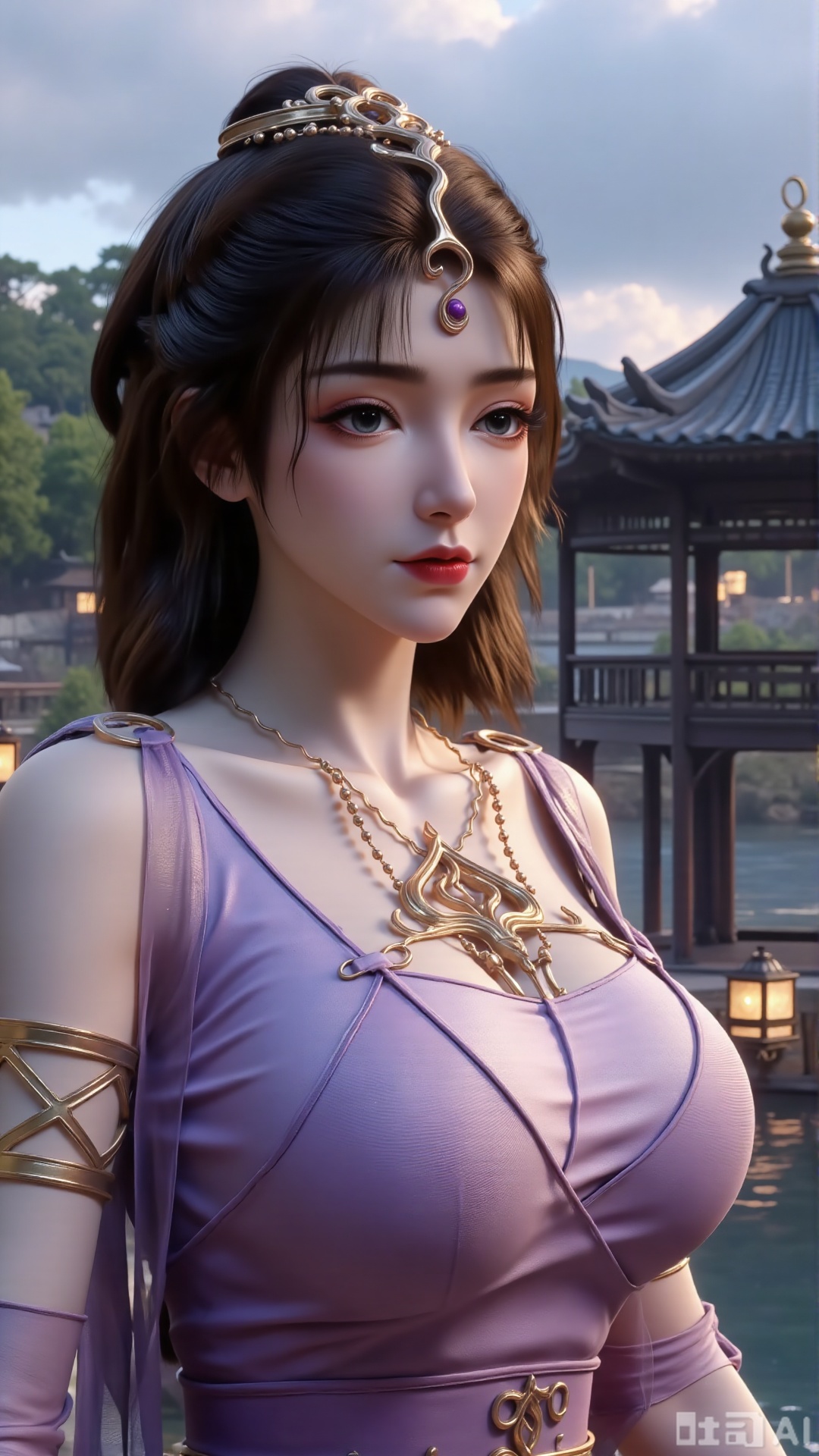 (masterpiece, best quality:1.2),1 girl, solo, long hair, black hair, hair accessories, clothing, cleavage cuts, long dress, jewelry, upper body, earrings. Background is outdoor, sky, clouds, water, trees, architecture, landscape, lantern, mountain, dragon, architecture, bridge, east Asian architecture, fog, pagoda,,(huge breasts:2.99),(full breasts:2.99),,Xbigbreasts,XmengkeerHH,XwensiyueXYH,Xmengkeerheihua,XwensiyueYH,Xhongfenkulou
