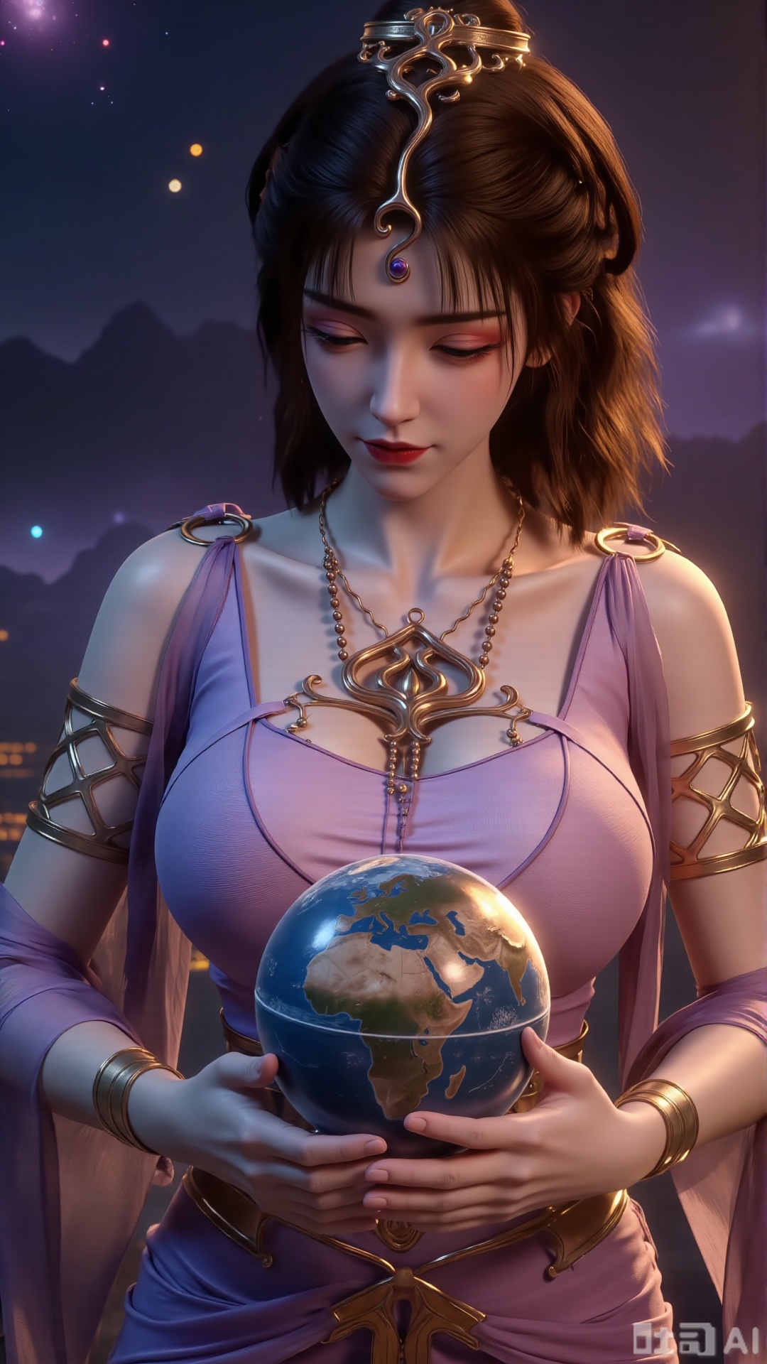 (masterpiece, best quality:1.2),Realistic details, ultra-clear, wallpaper, 8k, masterpiece, masterpiece, best quality, high quality, flowing long hair, exquisite hair accessories, headdresses, cyberpunk electronic luminous clothing, full body multi-luminous line light strips, cyberpunk luminous lines colorful. The sacred light, the cosmic space background, the planets of different colors around, the nebula flows, the stars twinkle, the golden willow branches stretch, holding an earth with both hands, the details of the earth's surface, the texture of mountains, rivers and oceans, the surrounding planets, planets of all sizes, traces of planets orbits, dreamy light and shadow effects.,(huge breasts:2.99),(full breasts:2.99),Xbigbreasts,XmengkeerHH,XwensiyueXYH,Xmengkeerheihua,XwensiyueYH,Xhongfenkulou