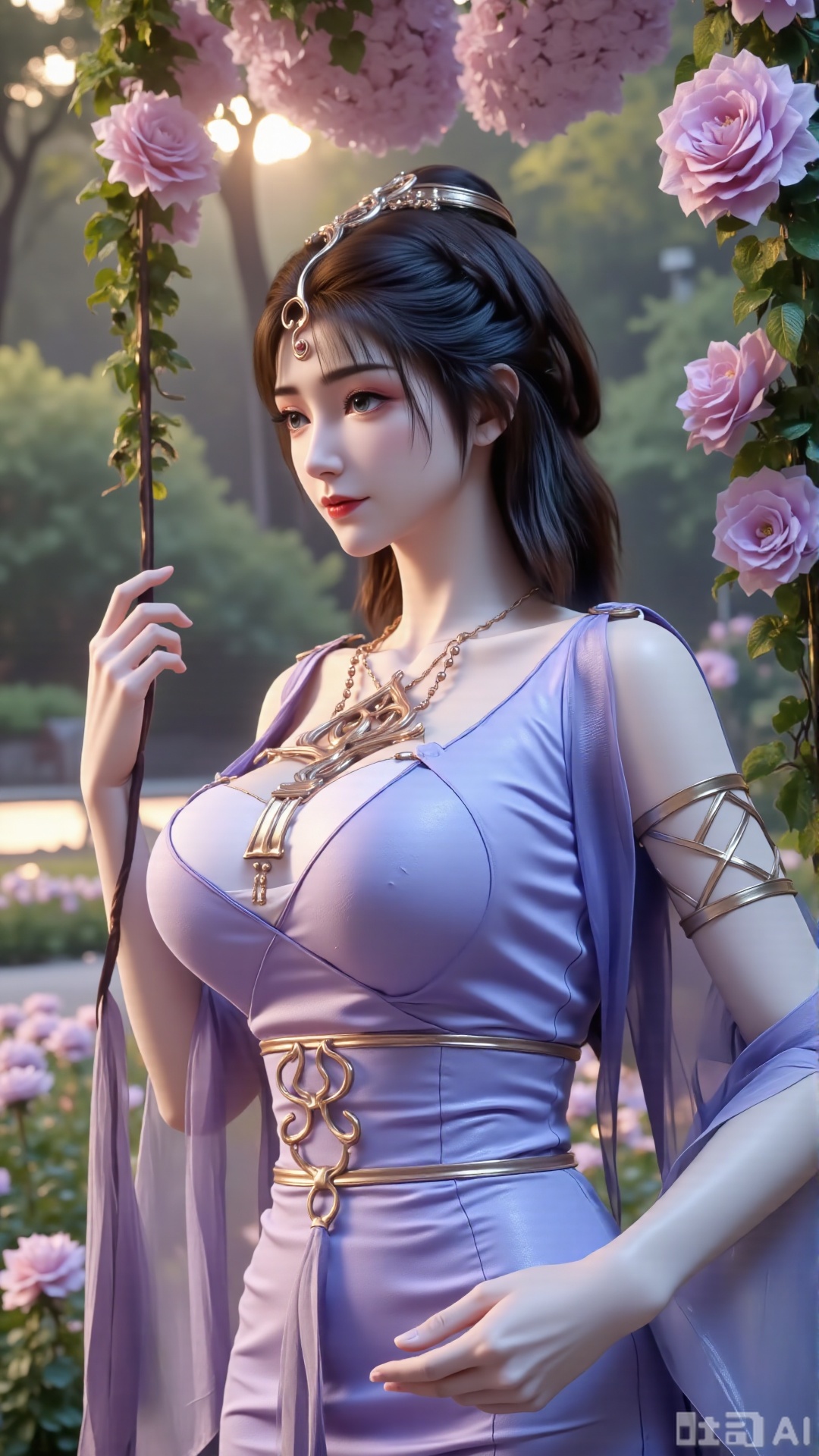  (masterpiece, best quality:1.2),In a cinematic shot with soft sunlight filtering through petals, a delicate fairy-like beauty swings gently on a flower swing amidst a whimsical garden. She wears a pale blue hanfu with flowing wide sleeves and a translucent silk sash tied around her slender figure. Her long black hair with blue highlights cascades down her back, adorned with a pearl hairpin. A gentle smile plays on her innocent eyes as she floats above the flowers, surrounded by fluttering butterflies and golden pollen particles. Magical runes float in the air, casting an ethereal glow. Vines wrap around the ropes of the swing, intertwined with roses and morning glories. The pastel color palette and fantasy atmosphere evoke a sense of wonder and enchantment.,(huge breasts:2.99),(full breasts:2.99),,Xbigbreasts,XmengkeerHH,XwensiyueXYH,Xmengkeerheihua,XwensiyueYH,Xhongfenkulou