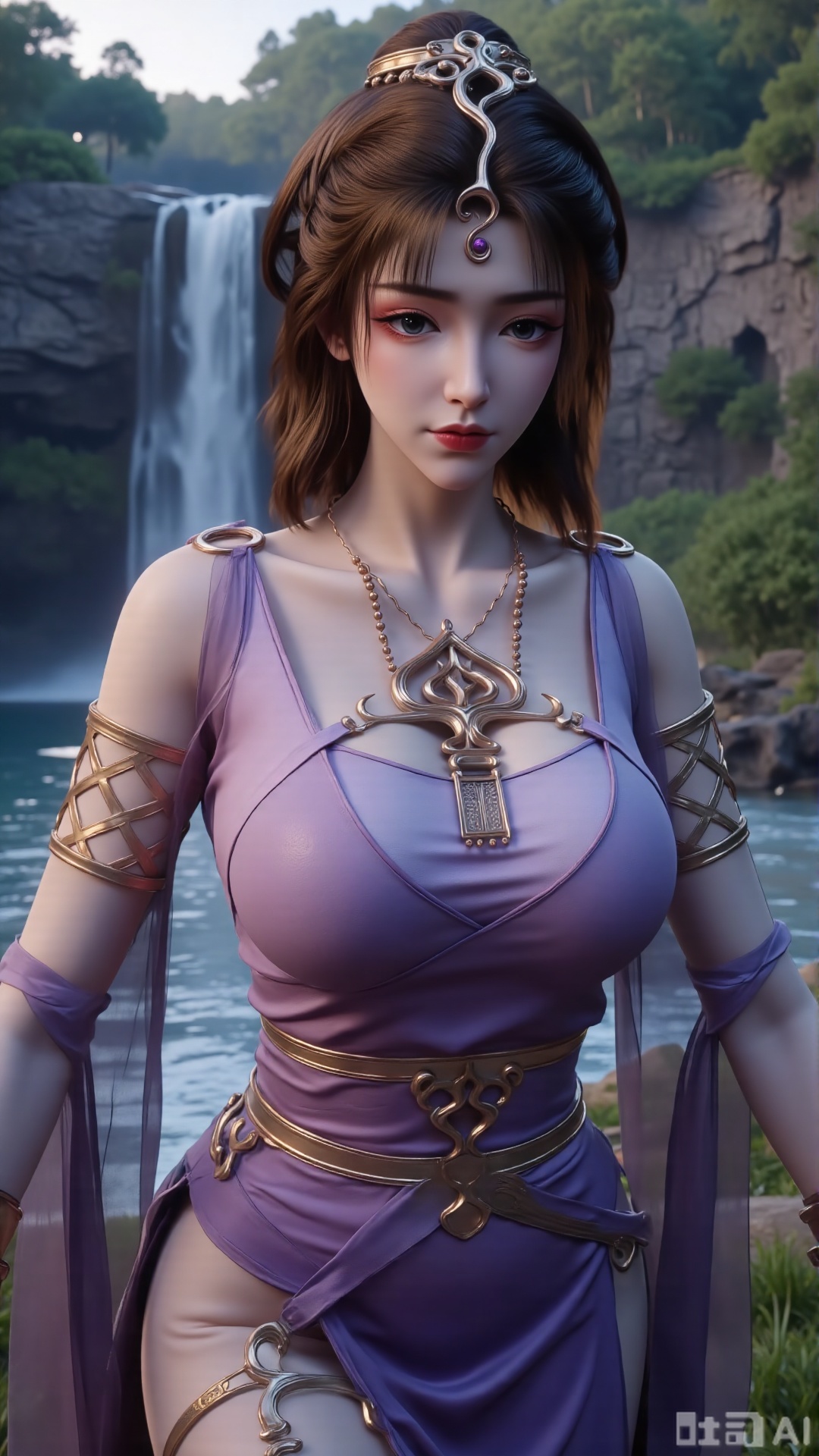 (masterpiece,best quality:1.23),Dominant sister-type girl, velvet ancient style long dress, perfect body, in a valley with a rushing waterfall, holding a long sword, sharp gaze, mist pervading, magnificent aura.(huge breasts, full breasts:2.99),,Xbigbreasts,XmengkeerHH,XwensiyueXYH,Xmengkeerheihua,XwensiyueYH,Xhongfenkulou