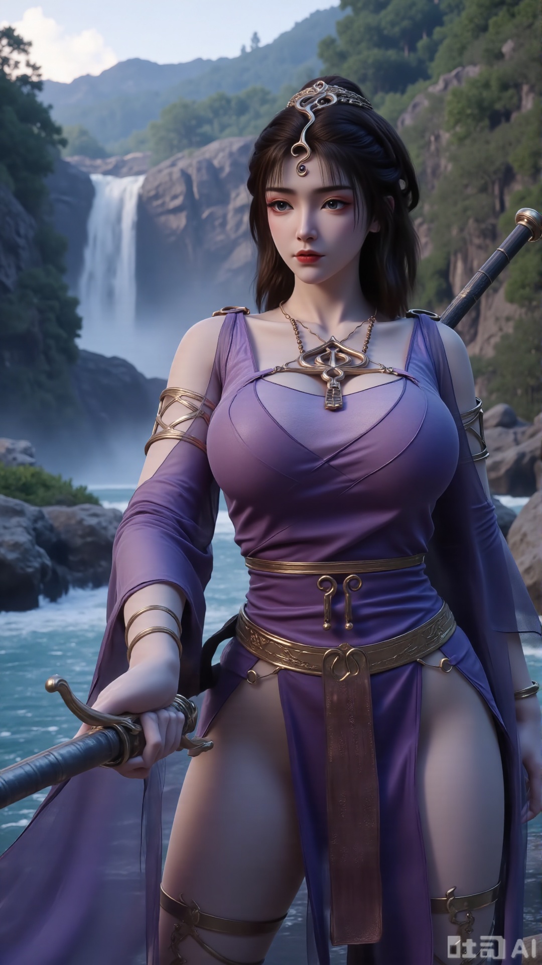 (masterpiece,best quality:1.23),Dominant sister-type girl, velvet ancient style long dress, perfect body, in a valley with a rushing waterfall, holding a long sword, sharp gaze, mist pervading, magnificent aura.(huge breasts, full breasts:2.99),,Xbigbreasts,XmengkeerHH,XwensiyueXYH,Xmengkeerheihua,XwensiyueYH,Xhongfenkulou