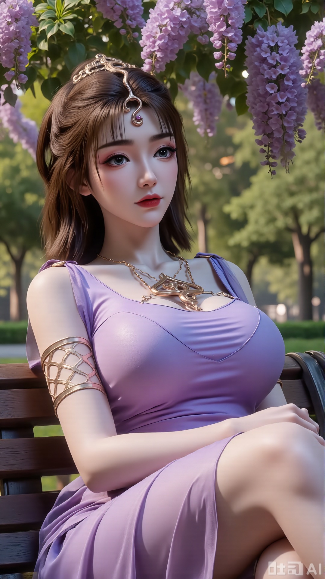 (masterpiece,best quality:1.23),portrait of a stewardess, beautiful face, perfect hourglass figure, China Southern Airlines uniform, sitting on a park bench, wisteria vines, blooming flowers, soft focus, out-of-focus background,(huge breasts, full breasts:2.99),,Xbigbreasts,XmengkeerHH,XwensiyueXYH,Xmengkeerheihua,XwensiyueYH,Xhongfenkulou