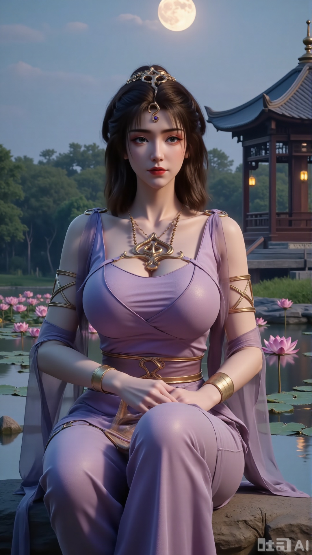  (masterpiece,best quality:1.23),a woman with long, wavy hair is seated on a large gray rock. She is dressed in a  dress with a belt around her waist. Her dress is adorned with a flower in her hair, adding a touch of beauty to the scene. In the background, a pagoda-like structure stands out against a backdrop of trees and a moon.(huge breasts, full breasts:2.99),(Background with lotus pond and pink lotus flowers:1.39),,Xbigbreasts,XmengkeerHH,XwensiyueXYH,Xmengkeerheihua,XwensiyueYH,Xhongfenkulou